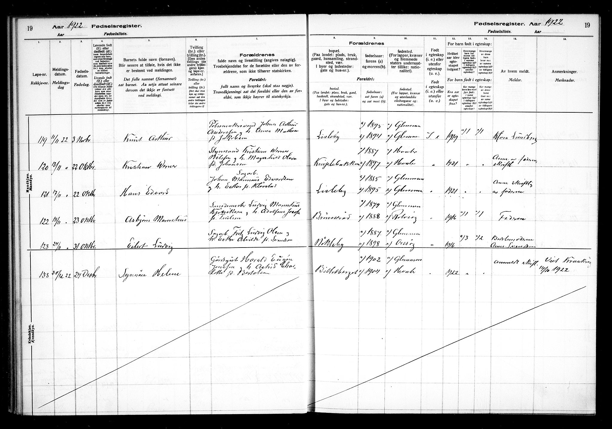 Glemmen prestekontor Kirkebøker, AV/SAO-A-10908/J/Ja/L0002: Fødselsregister nr. I 2, 1922-1929, s. 19