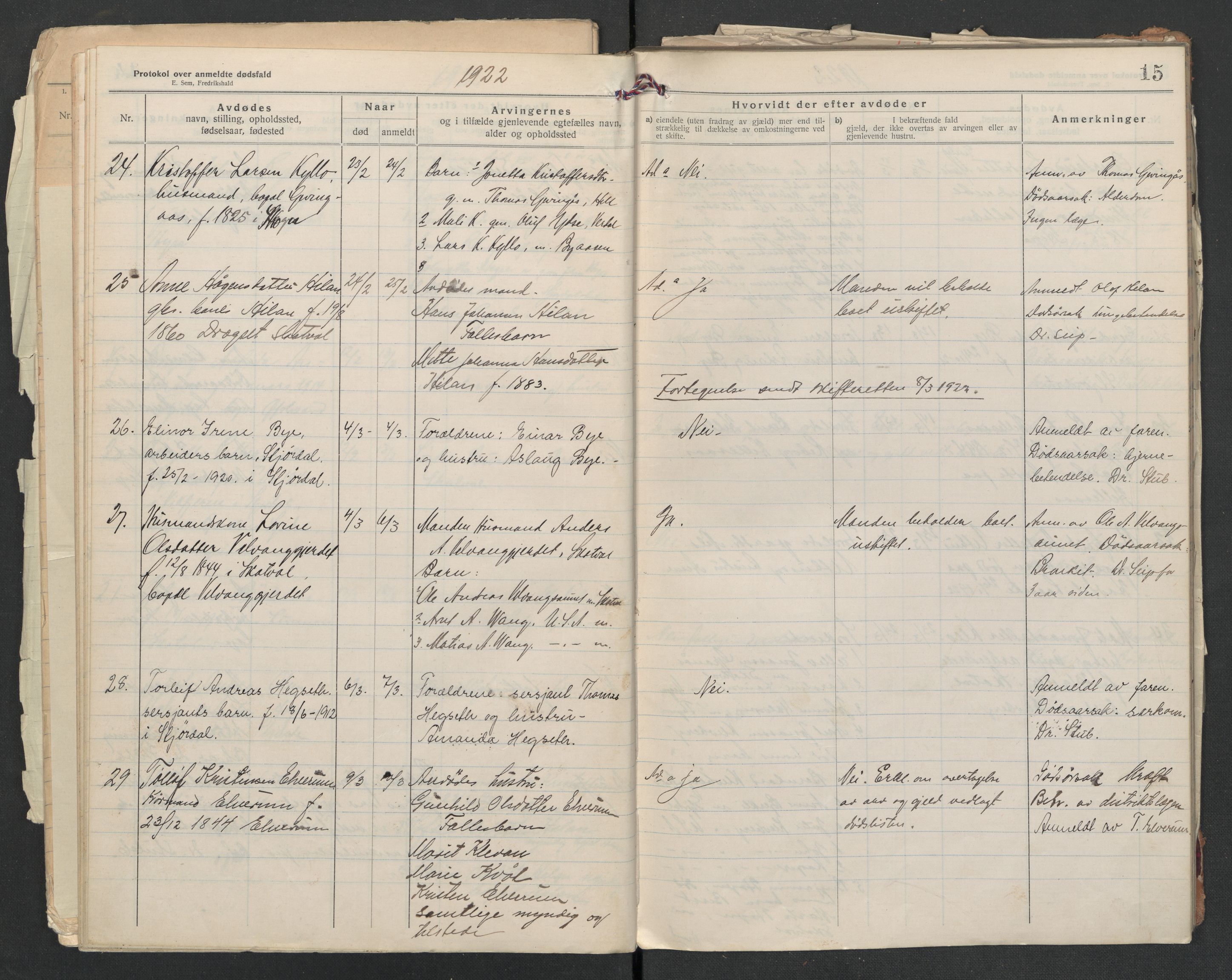 Nedre Stjørdal lensmannskontor, AV/SAT-A-1044/02/L0005: 2.01.05 Dødsfallsprotokoller, 1921-1928, s. 15