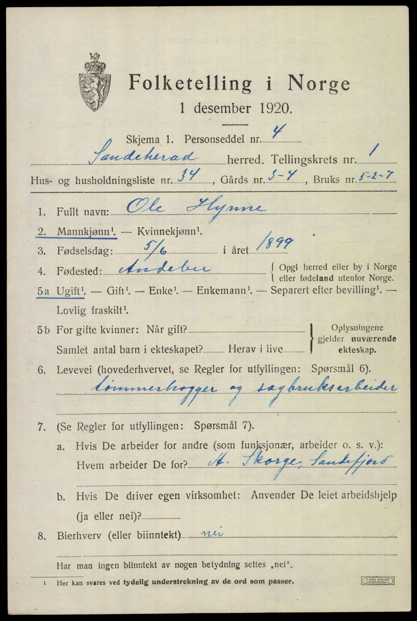 SAKO, Folketelling 1920 for 0724 Sandeherred herred, 1920, s. 4118