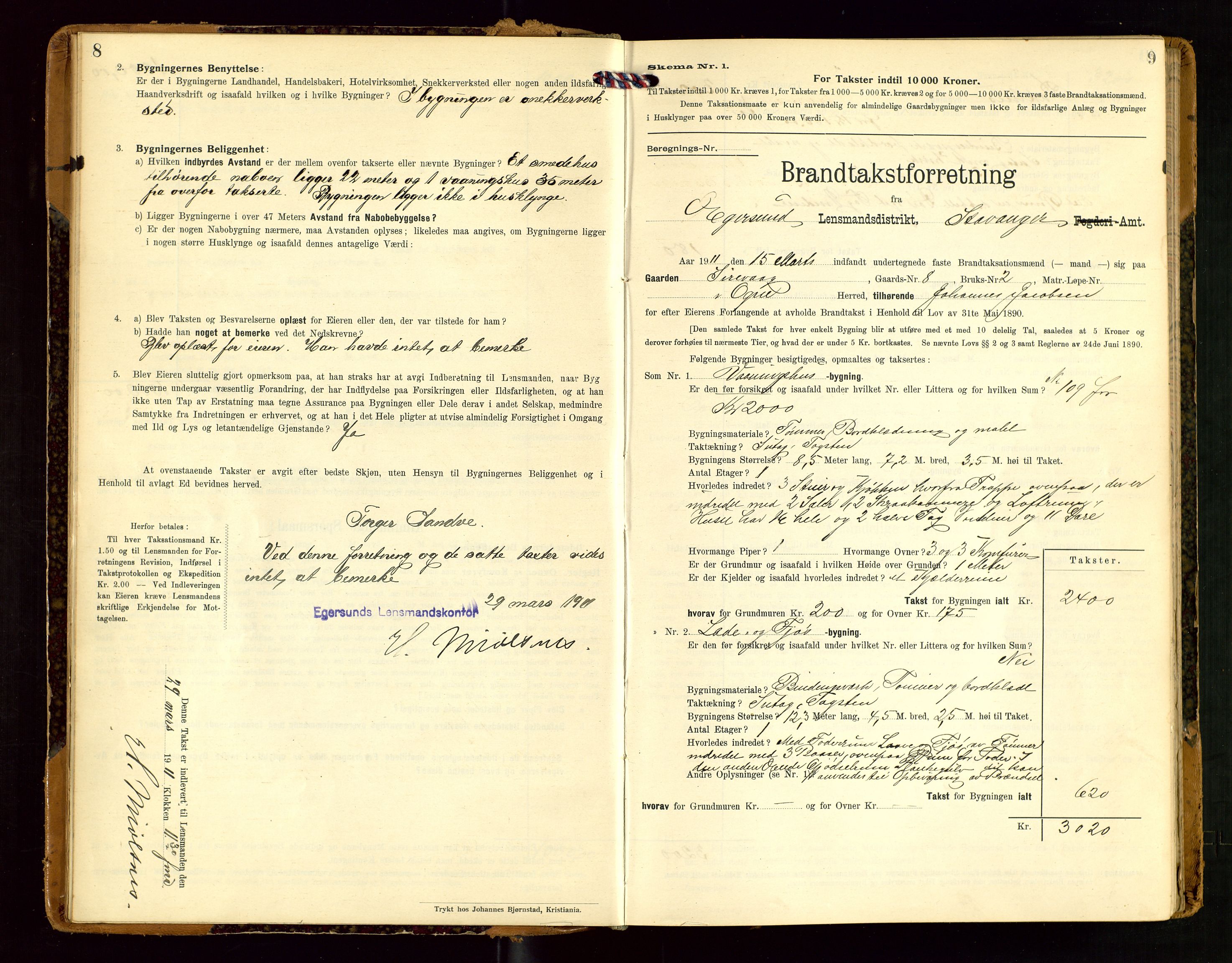 Eigersund lensmannskontor, SAST/A-100171/Gob/L0002: "Brandtakstprotokol", 1910-1916, s. 8-9