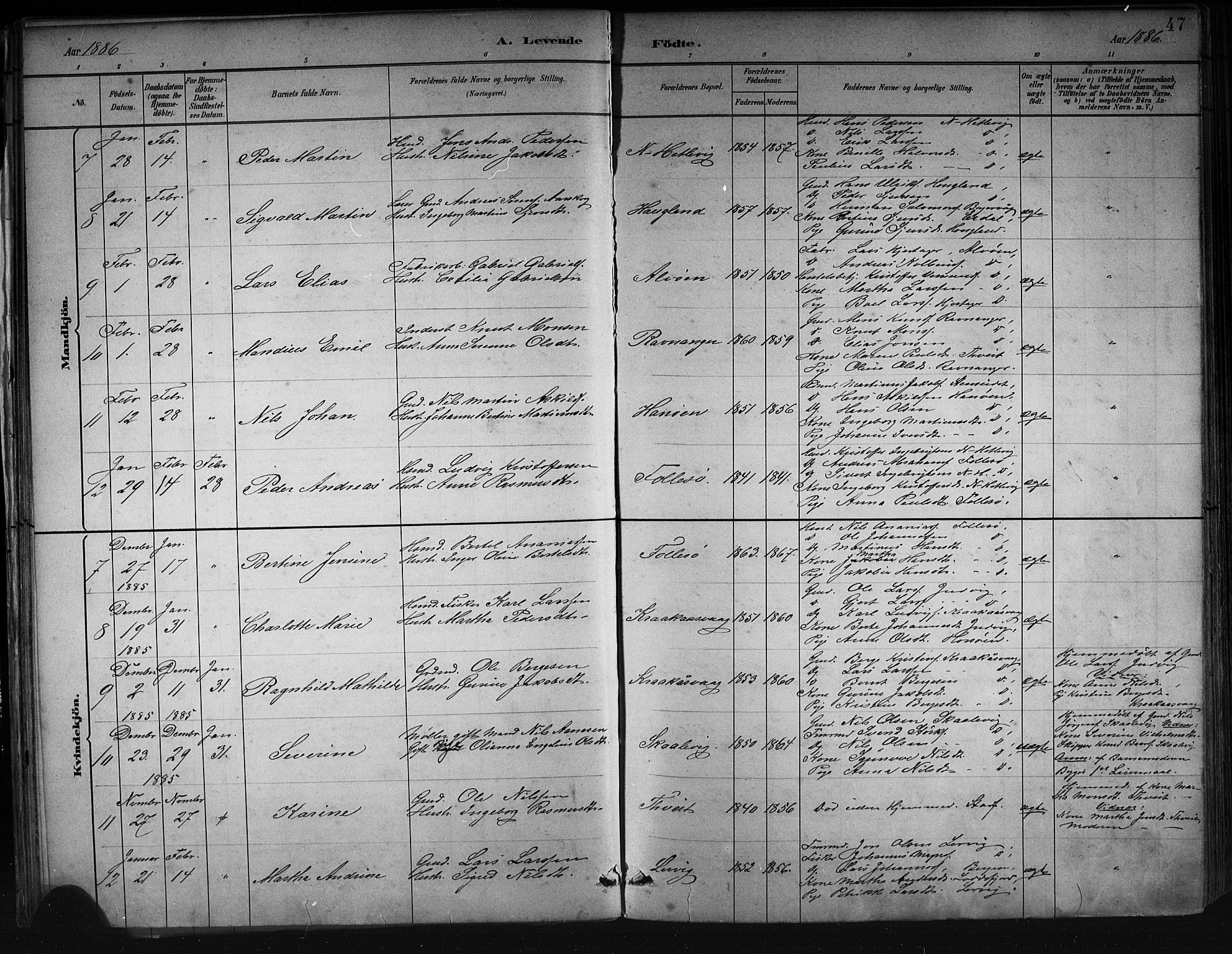 Askøy Sokneprestembete, AV/SAB-A-74101/H/Ha/Hab/Haba/L0008: Klokkerbok nr. A 8, 1882-1893, s. 47