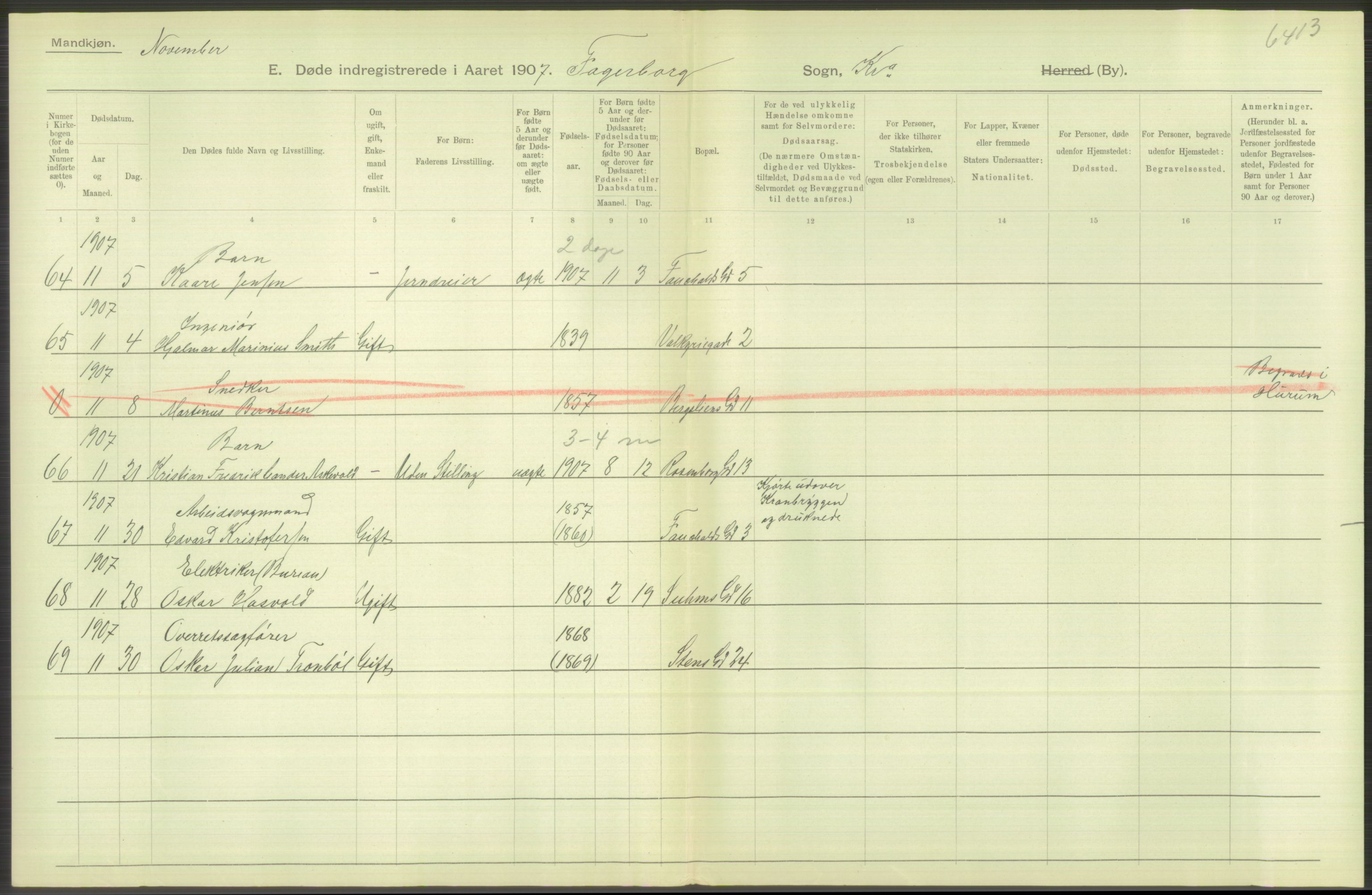 Statistisk sentralbyrå, Sosiodemografiske emner, Befolkning, RA/S-2228/D/Df/Dfa/Dfae/L0010: Kristiania: Døde, dødfødte, 1907, s. 540