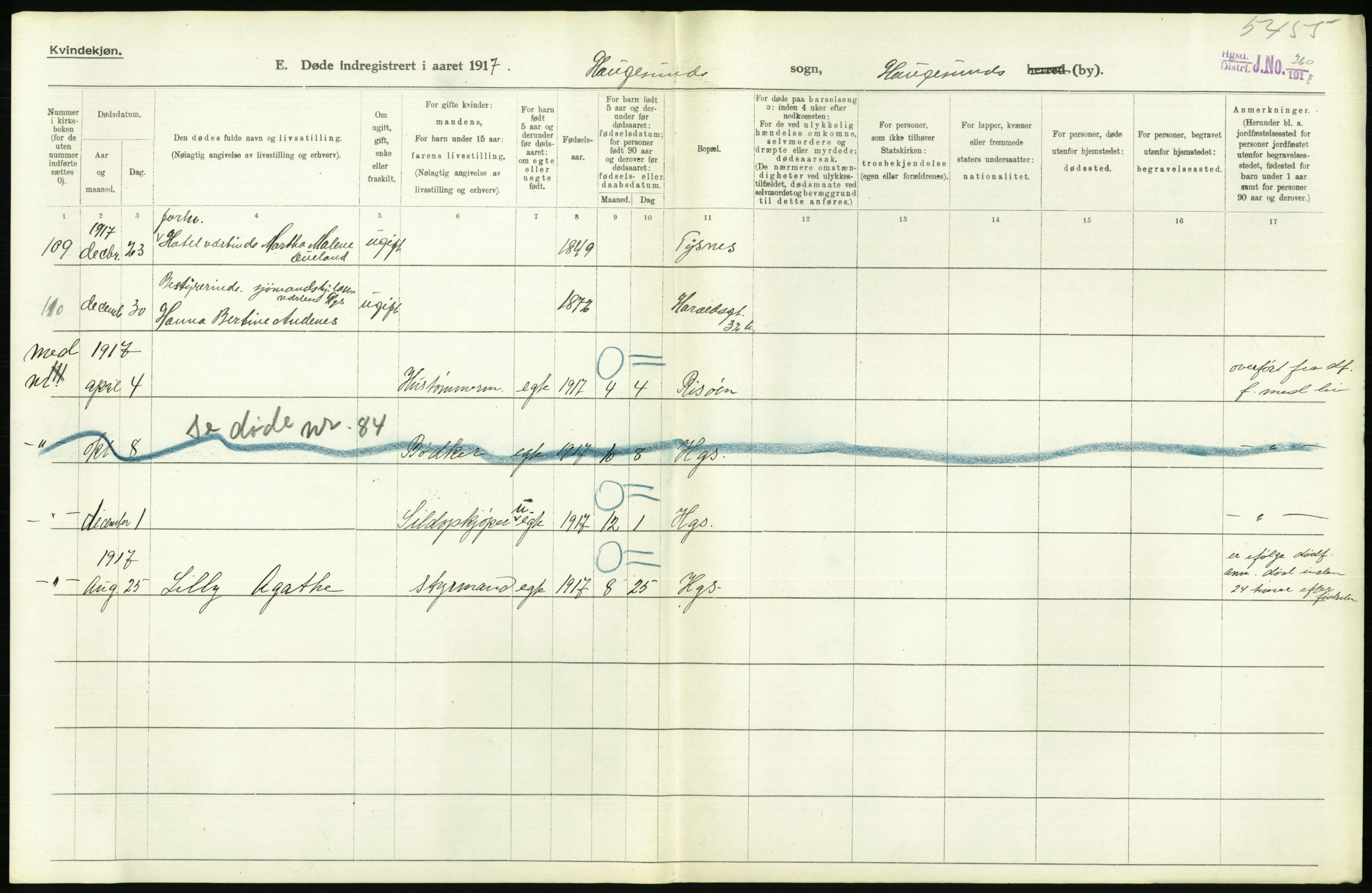 Statistisk sentralbyrå, Sosiodemografiske emner, Befolkning, RA/S-2228/D/Df/Dfb/Dfbg/L0033: Stavanger amt: Døde, dødfødte. Bygder og byer., 1917, s. 580