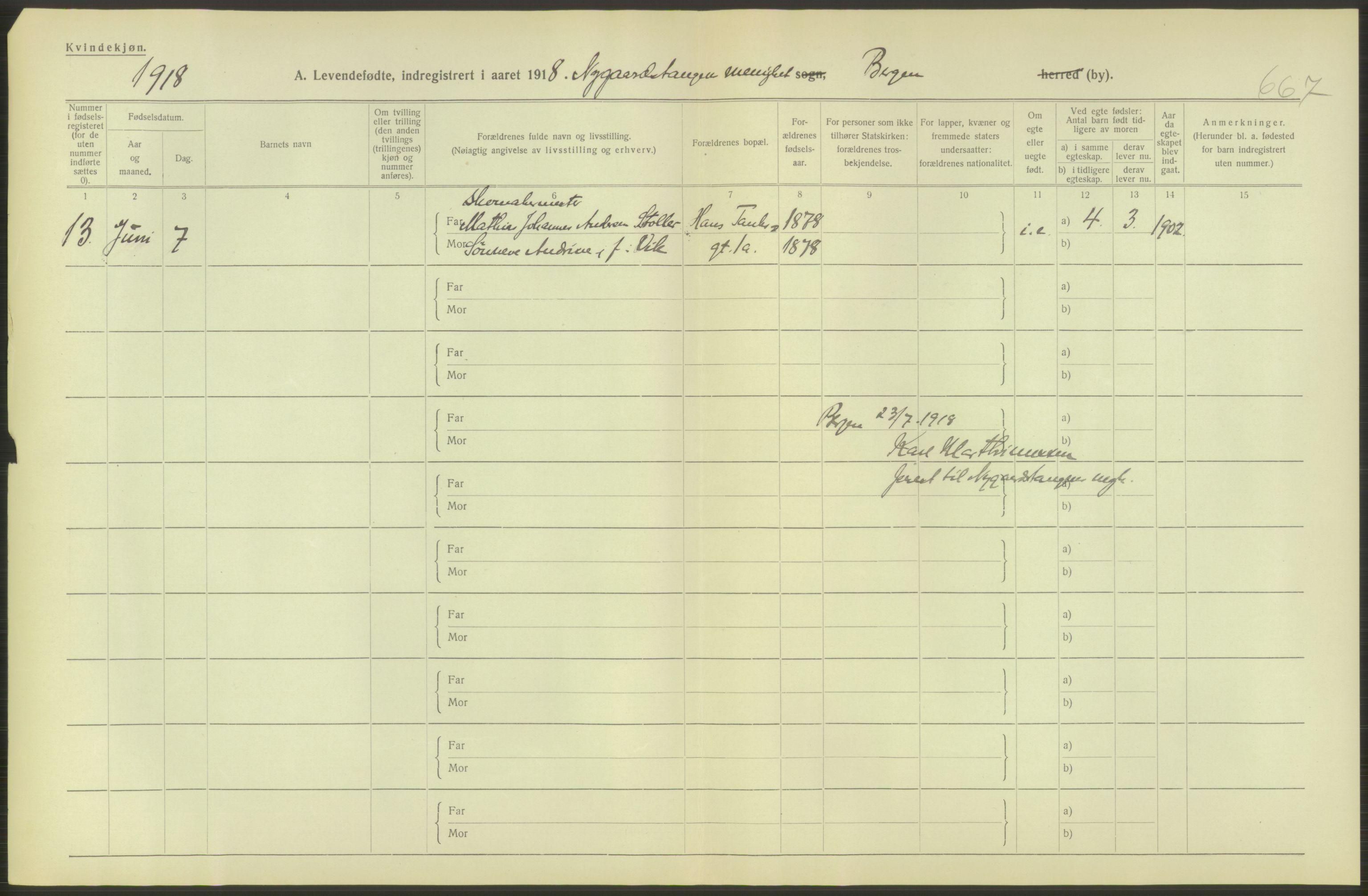 Statistisk sentralbyrå, Sosiodemografiske emner, Befolkning, AV/RA-S-2228/D/Df/Dfb/Dfbh/L0037: Bergen: Levendefødte menn og kvinner., 1918, s. 30