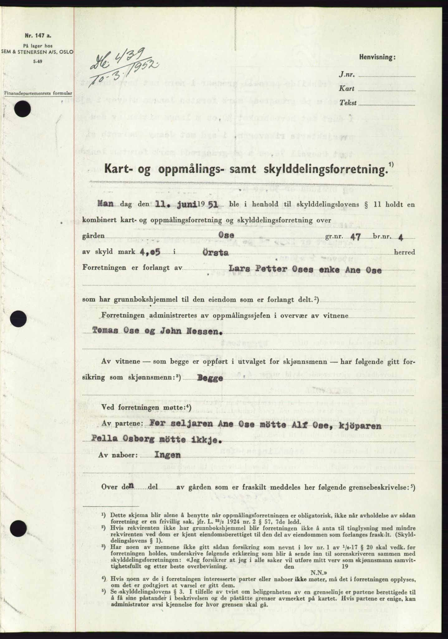 Søre Sunnmøre sorenskriveri, SAT/A-4122/1/2/2C/L0091: Pantebok nr. 17A, 1951-1952, Dagboknr: 439/1952