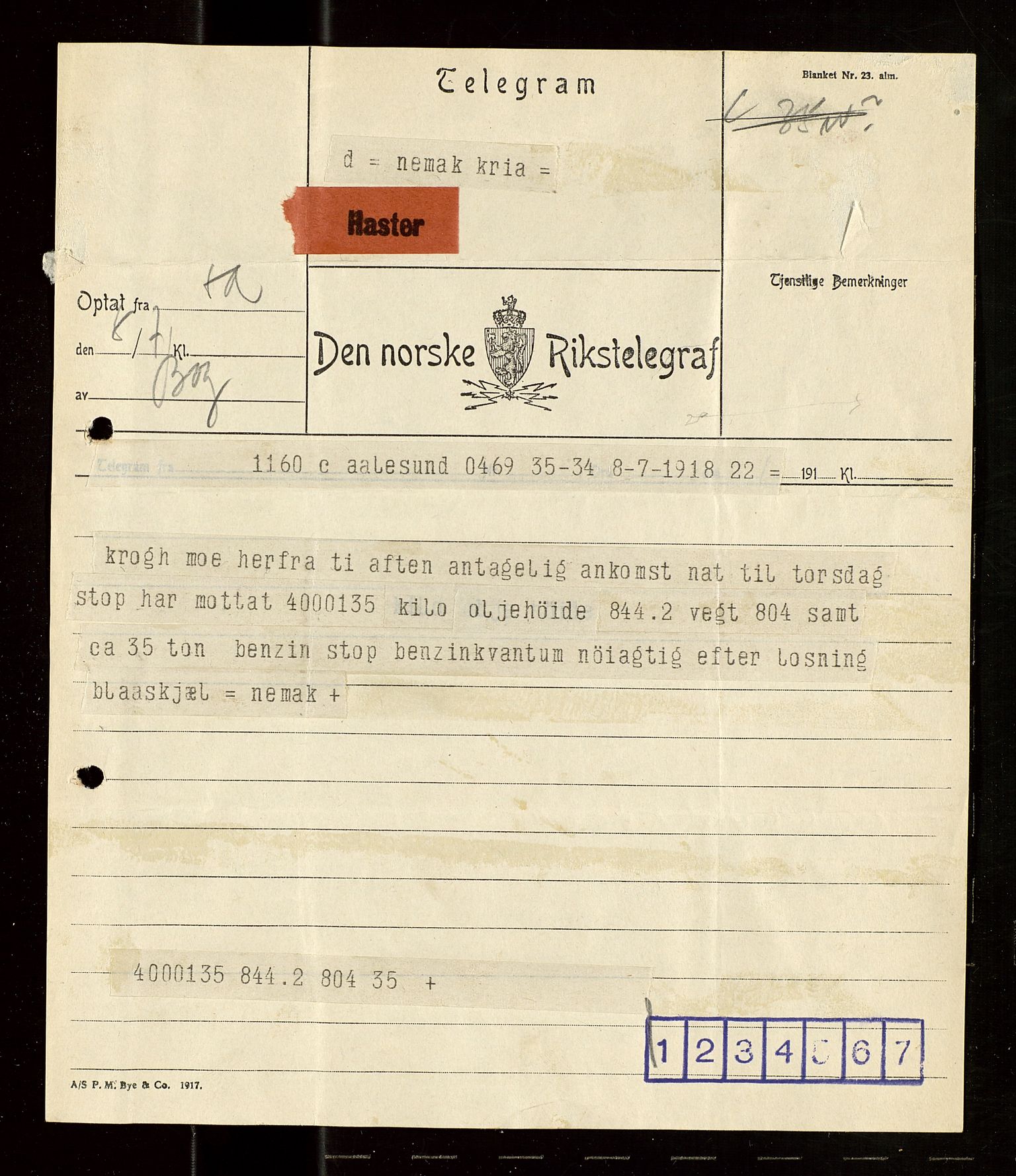 Pa 1521 - A/S Norske Shell, AV/SAST-A-101915/E/Ea/Eaa/L0021: Sjefskorrespondanse, 1918, s. 356