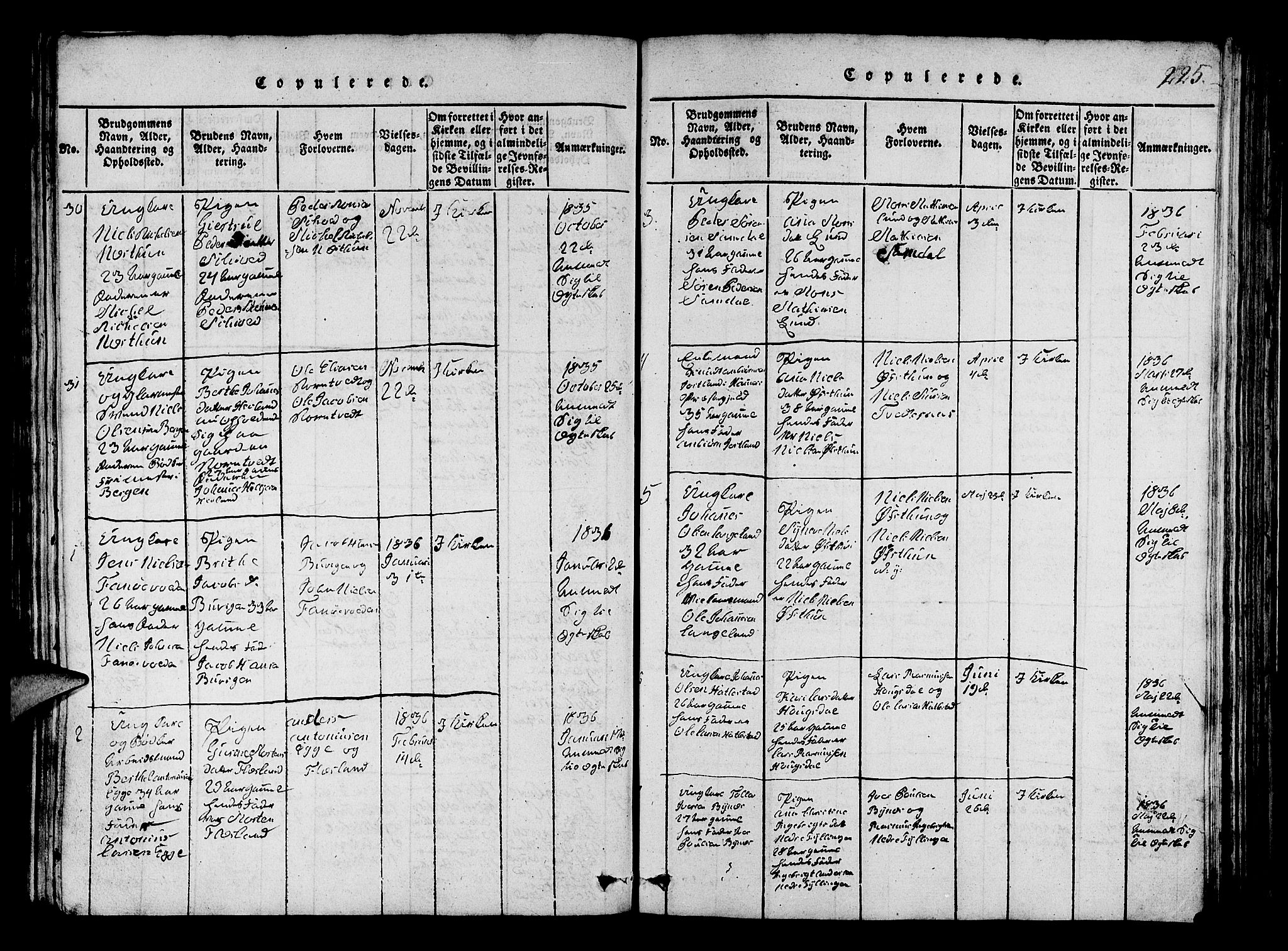 Fana Sokneprestembete, AV/SAB-A-75101/H/Hab/Haba/L0001: Klokkerbok nr. A 1, 1816-1836, s. 225