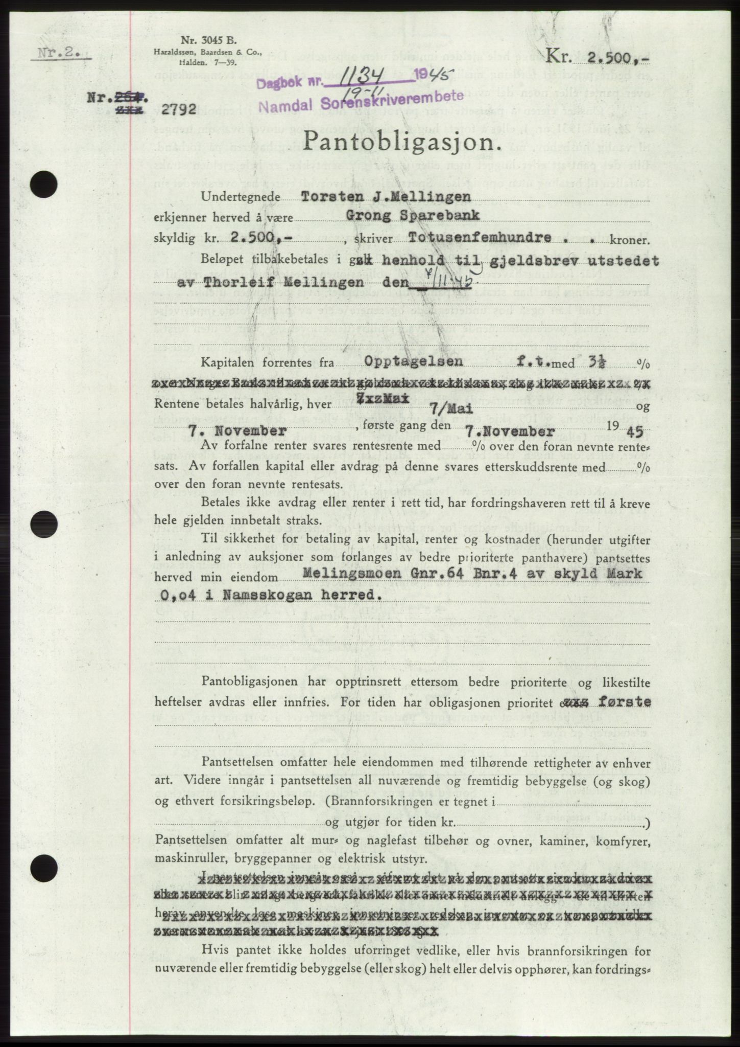 Namdal sorenskriveri, SAT/A-4133/1/2/2C: Pantebok nr. -, 1944-1945, Dagboknr: 1134/1945