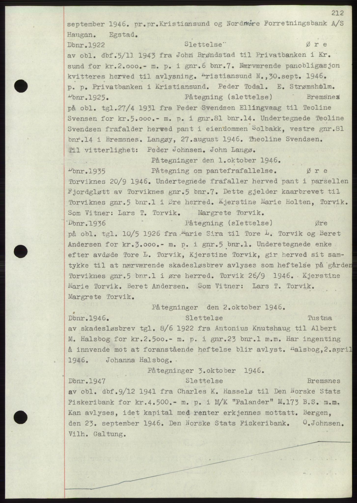 Nordmøre sorenskriveri, SAT/A-4132/1/2/2Ca: Pantebok nr. C82b, 1946-1951, Dagboknr: 1922/1946