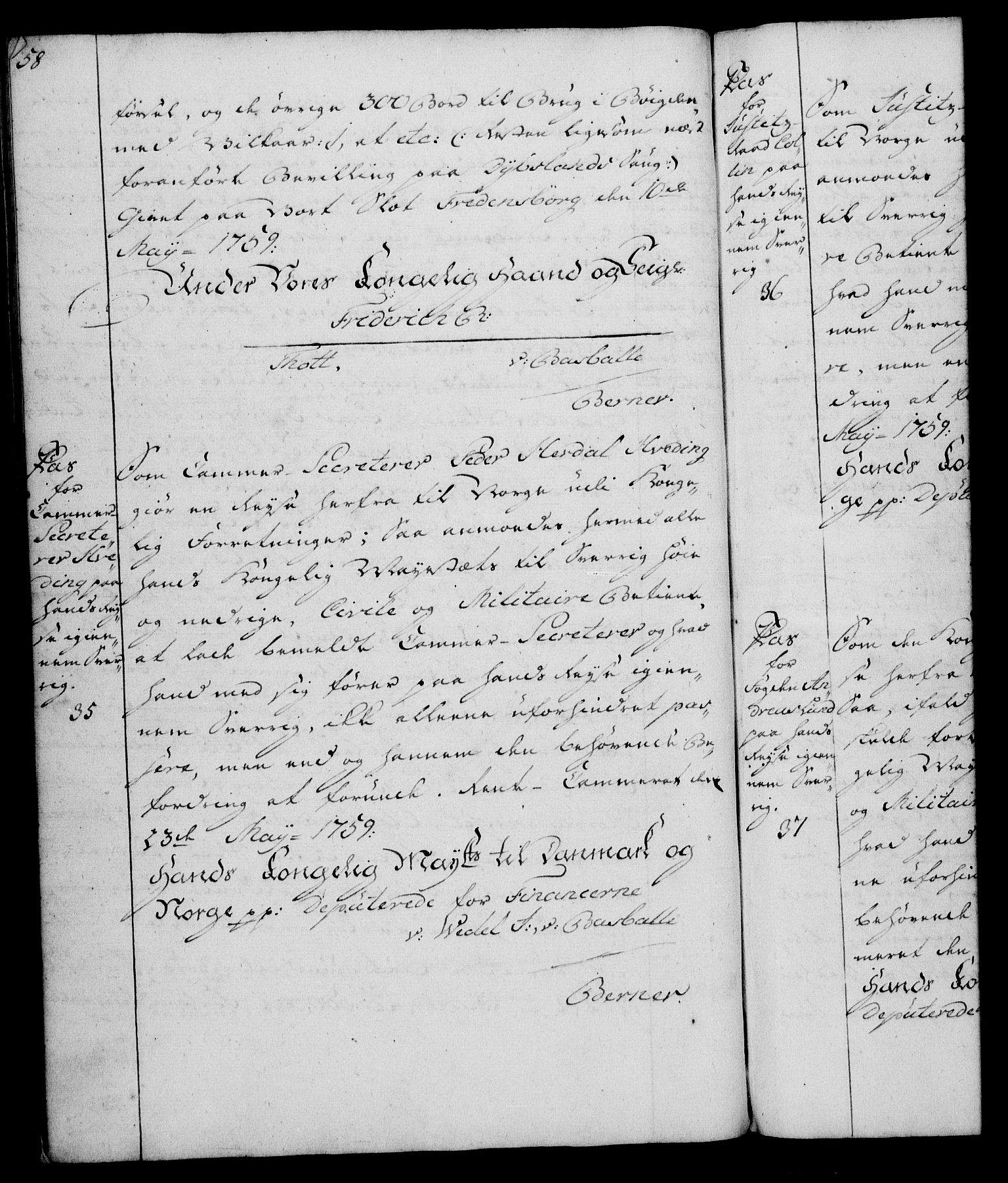 Rentekammeret, Kammerkanselliet, AV/RA-EA-3111/G/Gg/Gga/L0007: Norsk ekspedisjonsprotokoll med register (merket RK 53.7), 1759-1768, s. 58