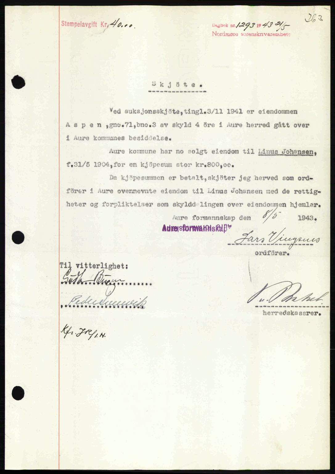 Nordmøre sorenskriveri, AV/SAT-A-4132/1/2/2Ca: Pantebok nr. A95, 1943-1943, Dagboknr: 1293/1943