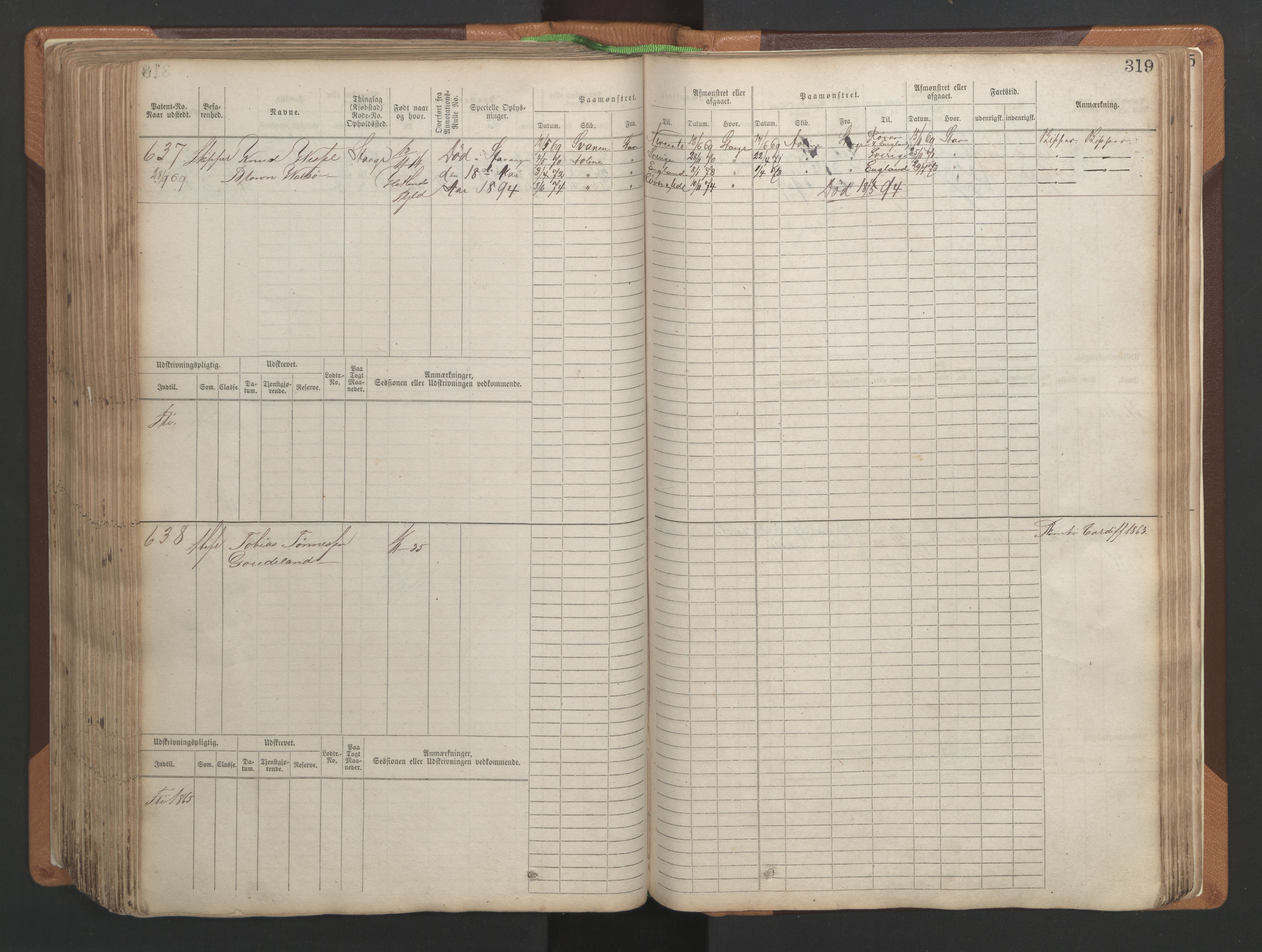 Stavanger sjømannskontor, AV/SAST-A-102006/F/Fb/Fbb/L0004: Sjøfartshovedrulle, patentnr. 1-792 (del 1), 1869-1880, s. 325