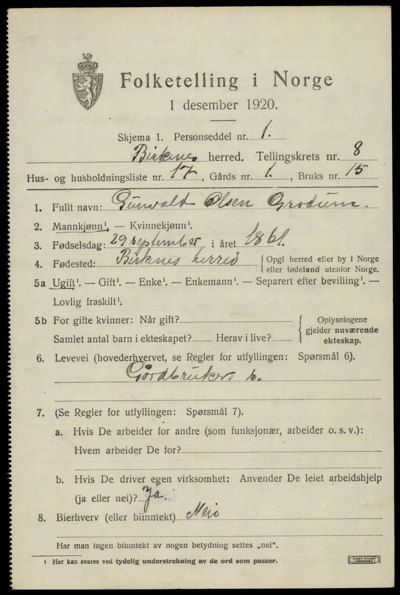 SAK, Folketelling 1920 for 0928 Birkenes herred, 1920, s. 4275