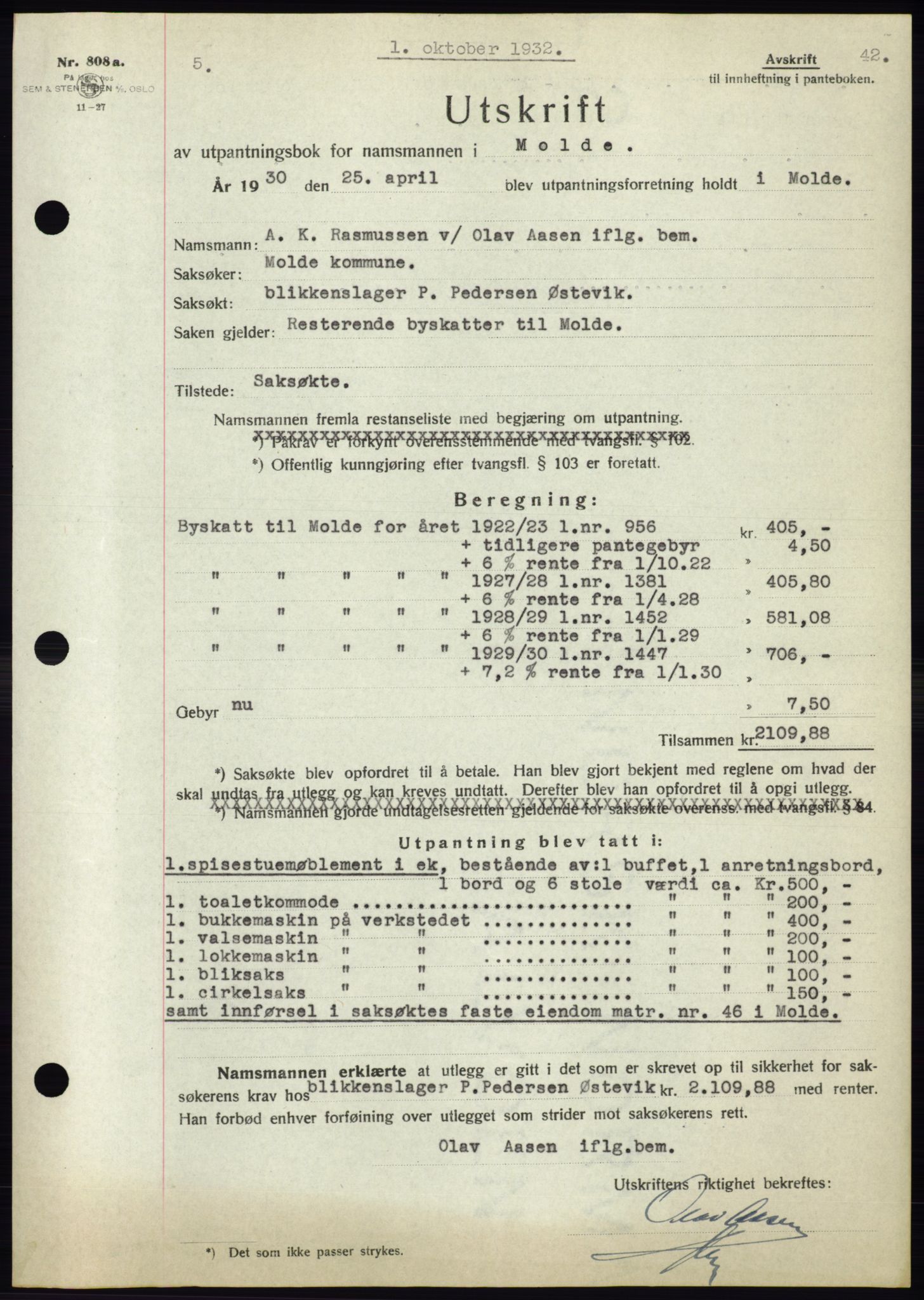 Molde byfogd, AV/SAT-A-0025/2/2C/L0012: Pantebok nr. 12, 1932-1935, Tingl.dato: 01.10.1932