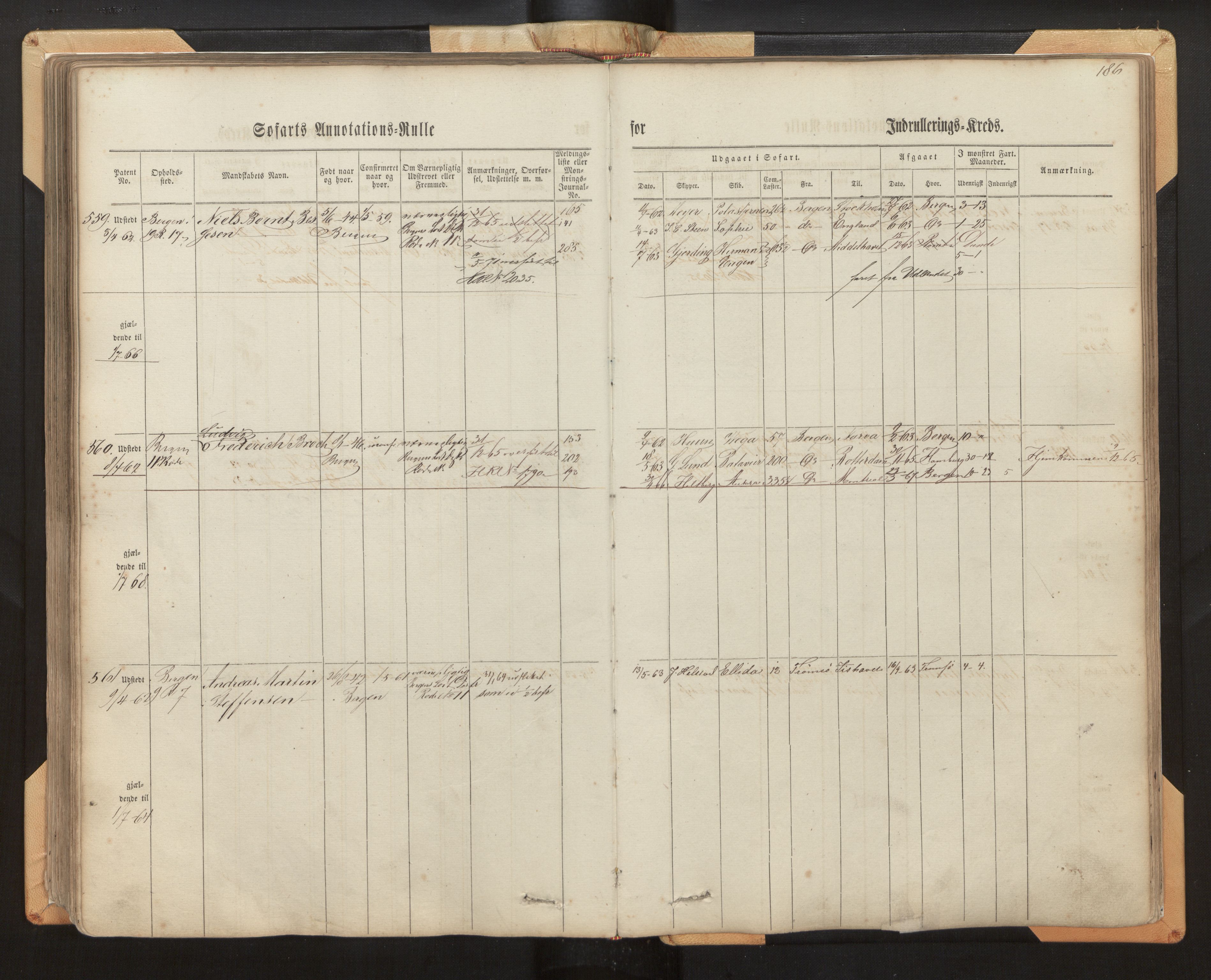 Innrulleringssjefen i Bergen, AV/SAB-A-100050/F/Fh/L0005: Sjøfarts- og annotasjonsrulle for Bergen krets, fol. 1 - 238, 1860-1867, s. 186