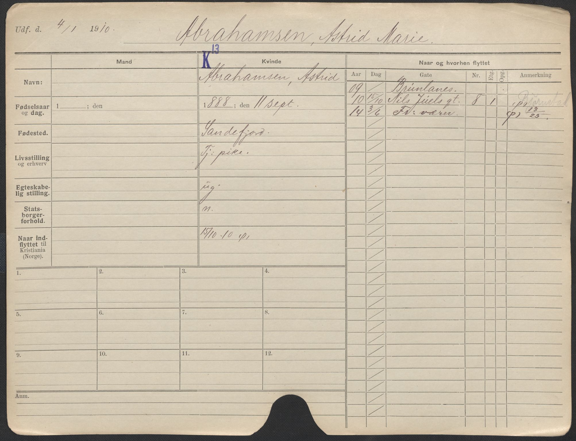 Oslo folkeregister, Registerkort, AV/SAO-A-11715/F/Fa/Fac/L0012: Kvinner, 1906-1914, s. 9a