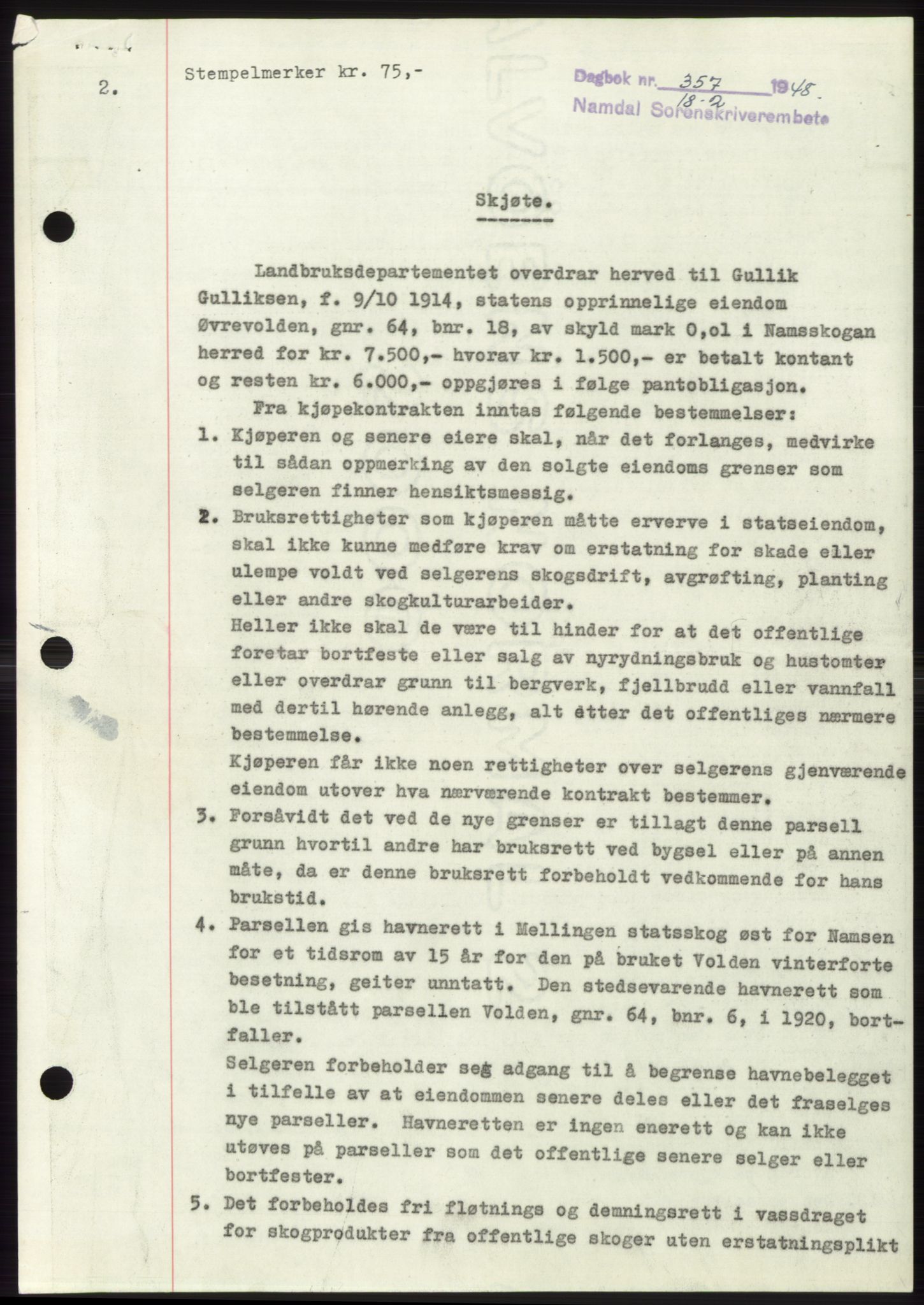 Namdal sorenskriveri, SAT/A-4133/1/2/2C: Pantebok nr. -, 1947-1948, Dagboknr: 357/1948