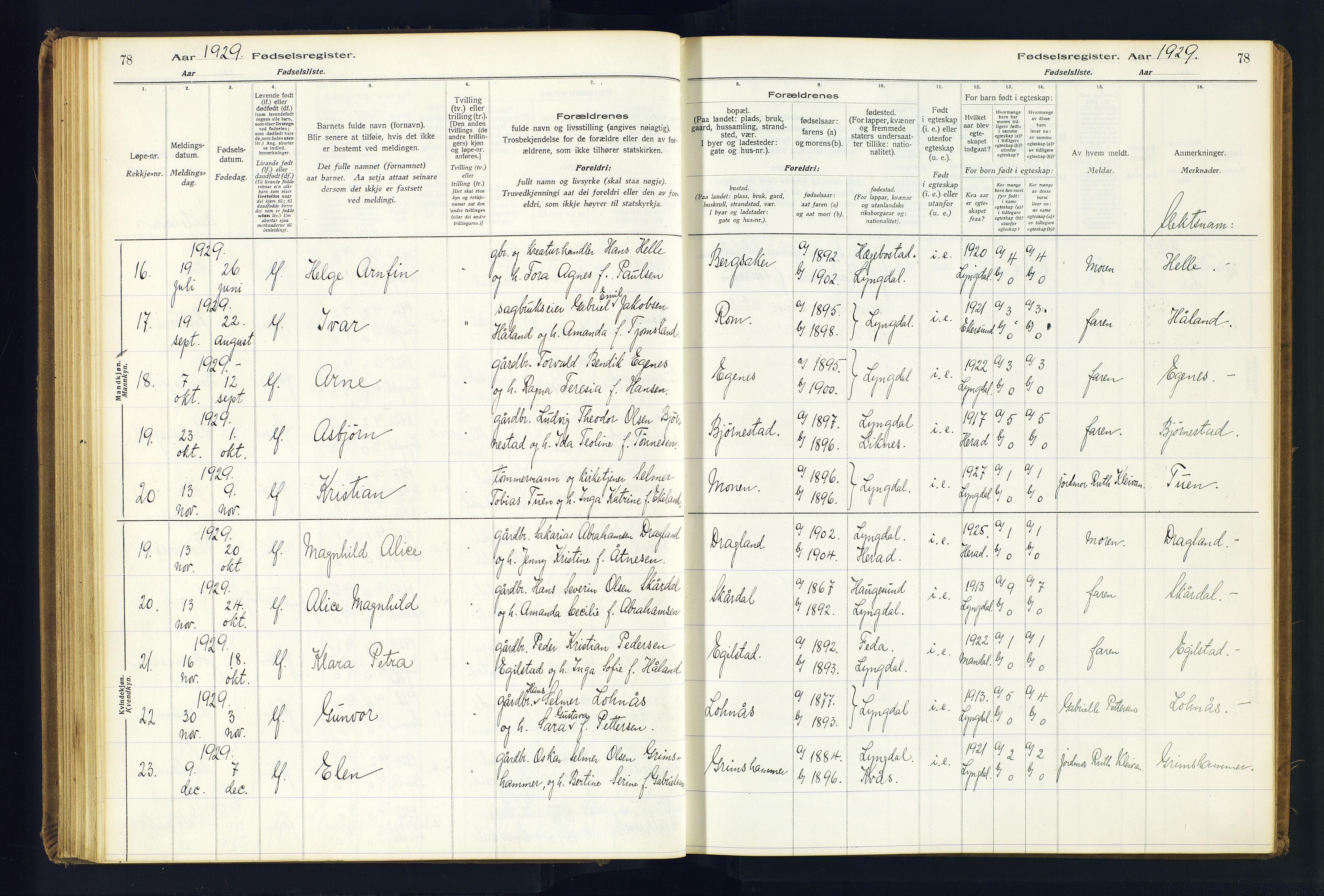 Lyngdal sokneprestkontor, AV/SAK-1111-0029/J/Ja/L0001: Fødselsregister nr. A-VI-26, 1916-1951, s. 78