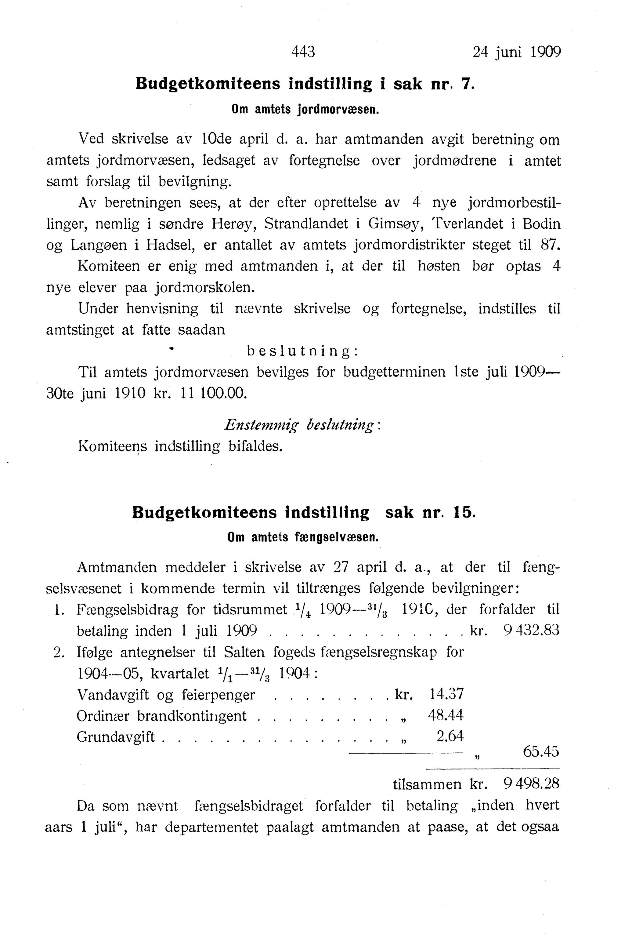 Nordland Fylkeskommune. Fylkestinget, AIN/NFK-17/176/A/Ac/L0032: Fylkestingsforhandlinger 1909, 1909