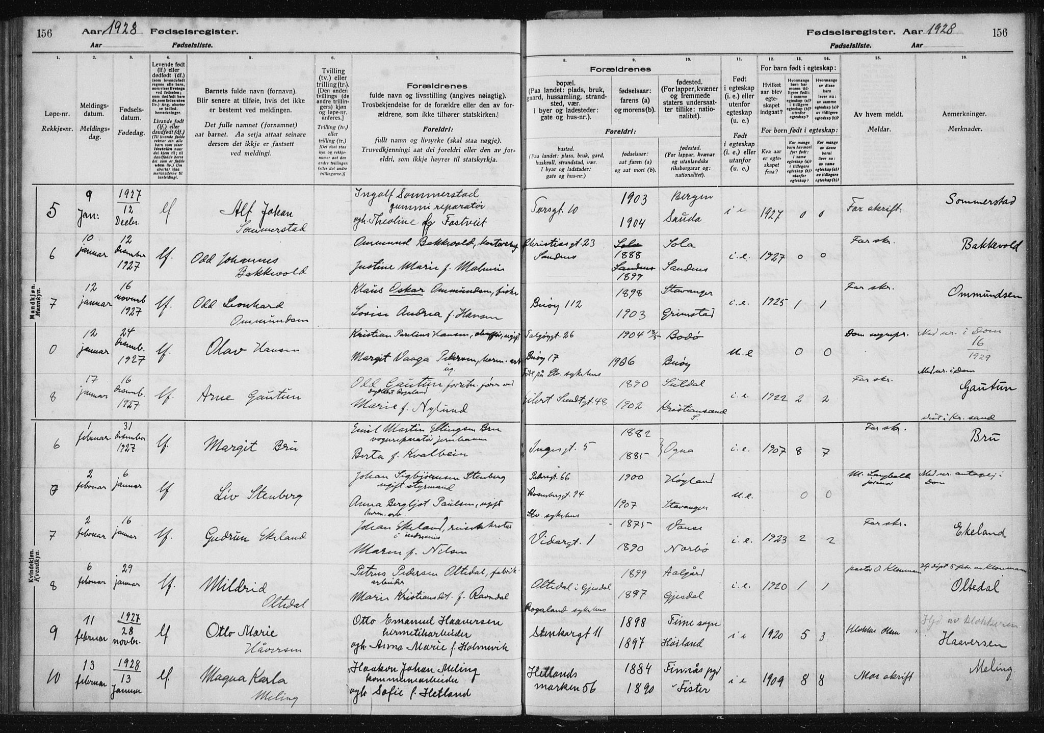 St. Petri sokneprestkontor, AV/SAST-A-101813/002/A/L0002: Fødselsregister nr. 2, 1922-1929, s. 156