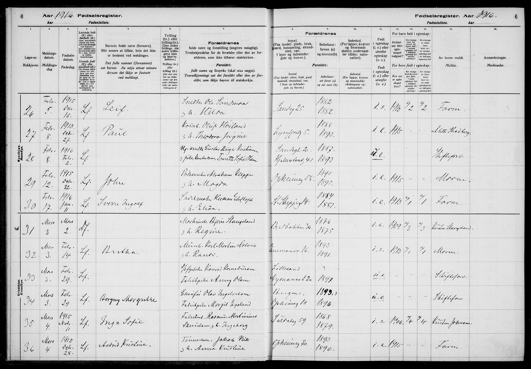 St. Johannes sokneprestkontor, SAST/A-101814/002/A/L0001: Fødselsregister nr. 1, 1916-1919, s. 6