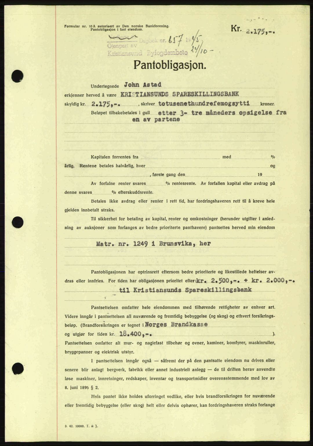 Kristiansund byfogd, AV/SAT-A-4587/A/27: Pantebok nr. 37-38, 1943-1945, Dagboknr: 657/1945