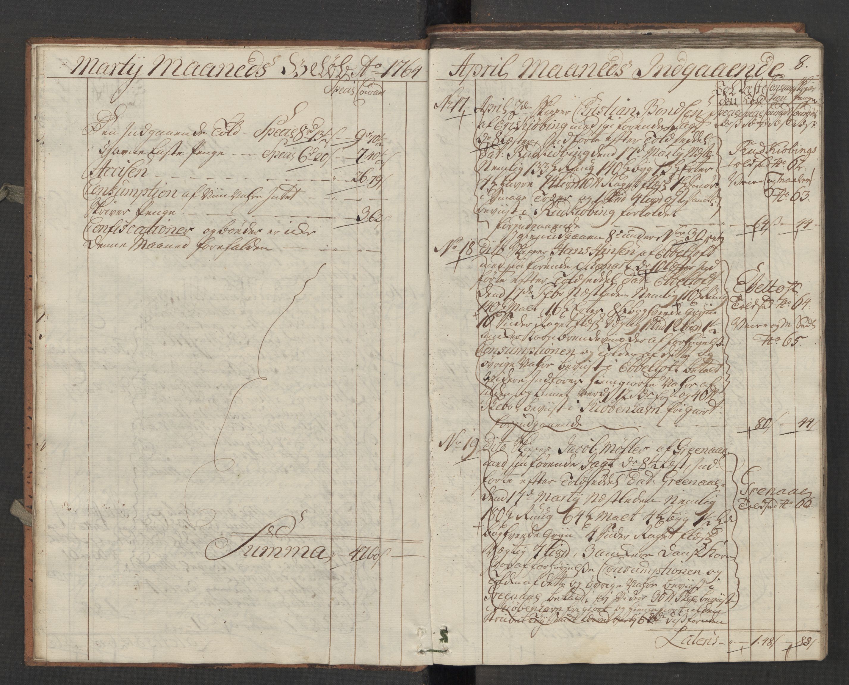 Generaltollkammeret, tollregnskaper, AV/RA-EA-5490/R13/L0036/0001: Tollregnskaper Kragerø / Inngående hovedtollbok, 1764, s. 7b-8a