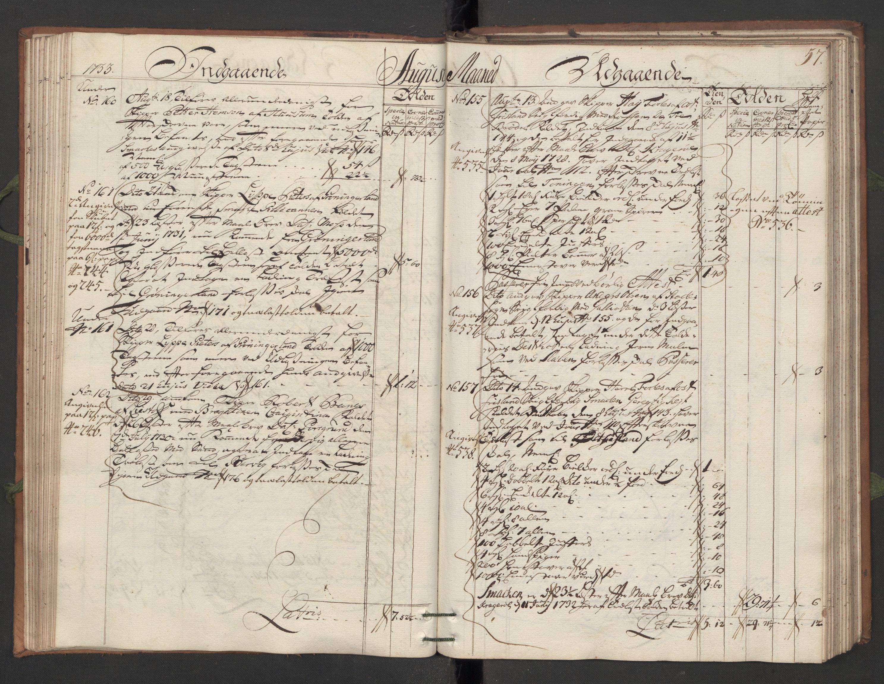 Generaltollkammeret, tollregnskaper, AV/RA-EA-5490/R13/L0007/0001: Tollregnskaper Kragerø / Hovedtollbok, 1733, s. 56b-57a