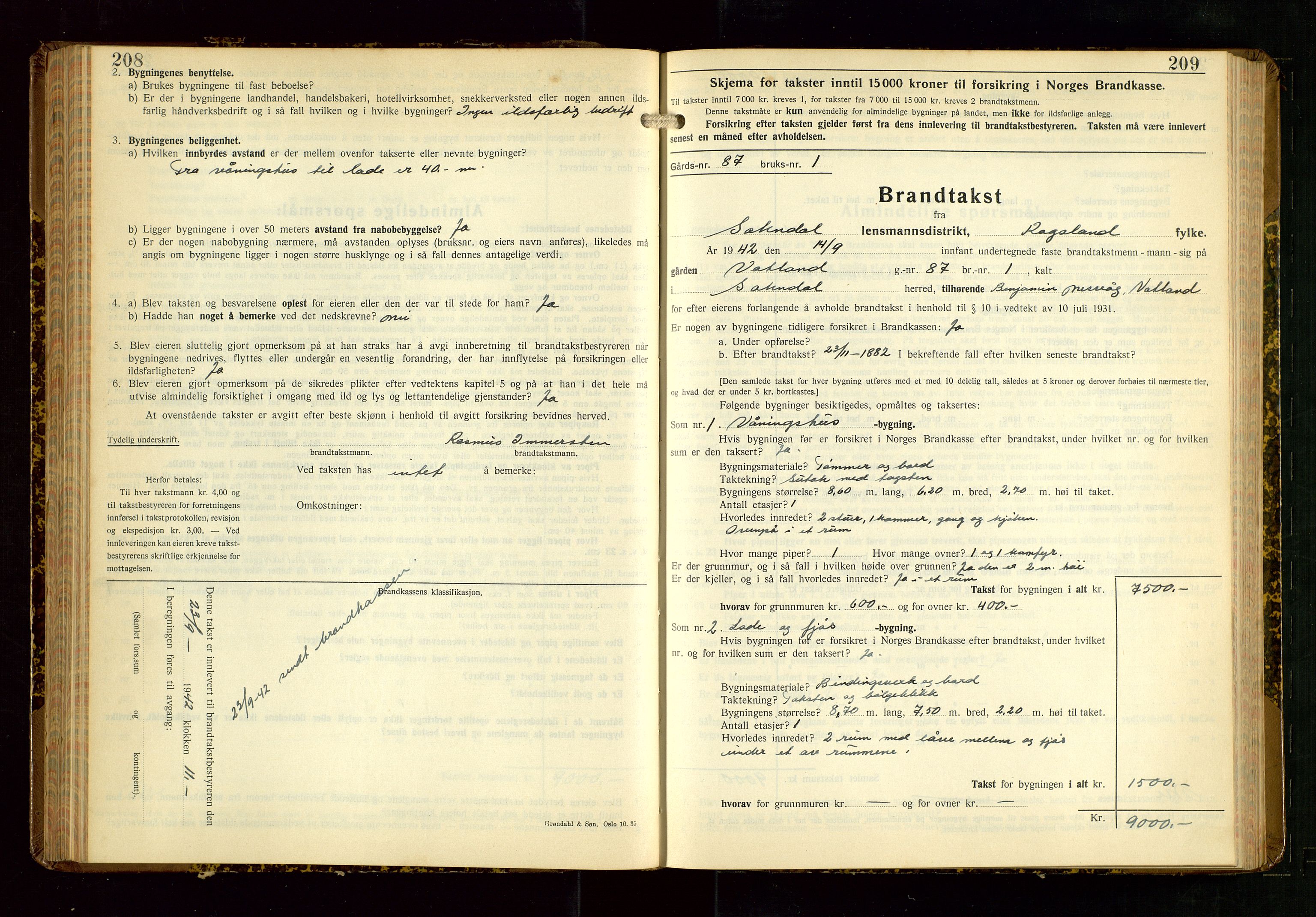 Sokndal lensmannskontor, SAST/A-100417/Gob/L0008: "Brandtakst-Protokoll", 1937-1955, s. 208-209