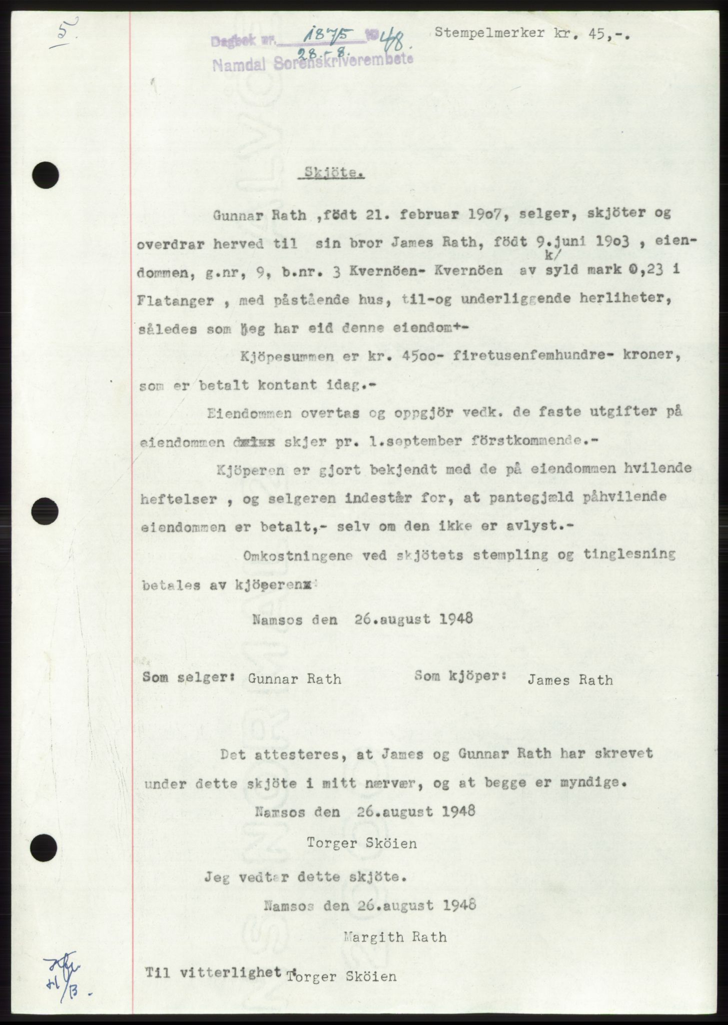 Namdal sorenskriveri, SAT/A-4133/1/2/2C: Pantebok nr. -, 1948-1948, Dagboknr: 1875/1948