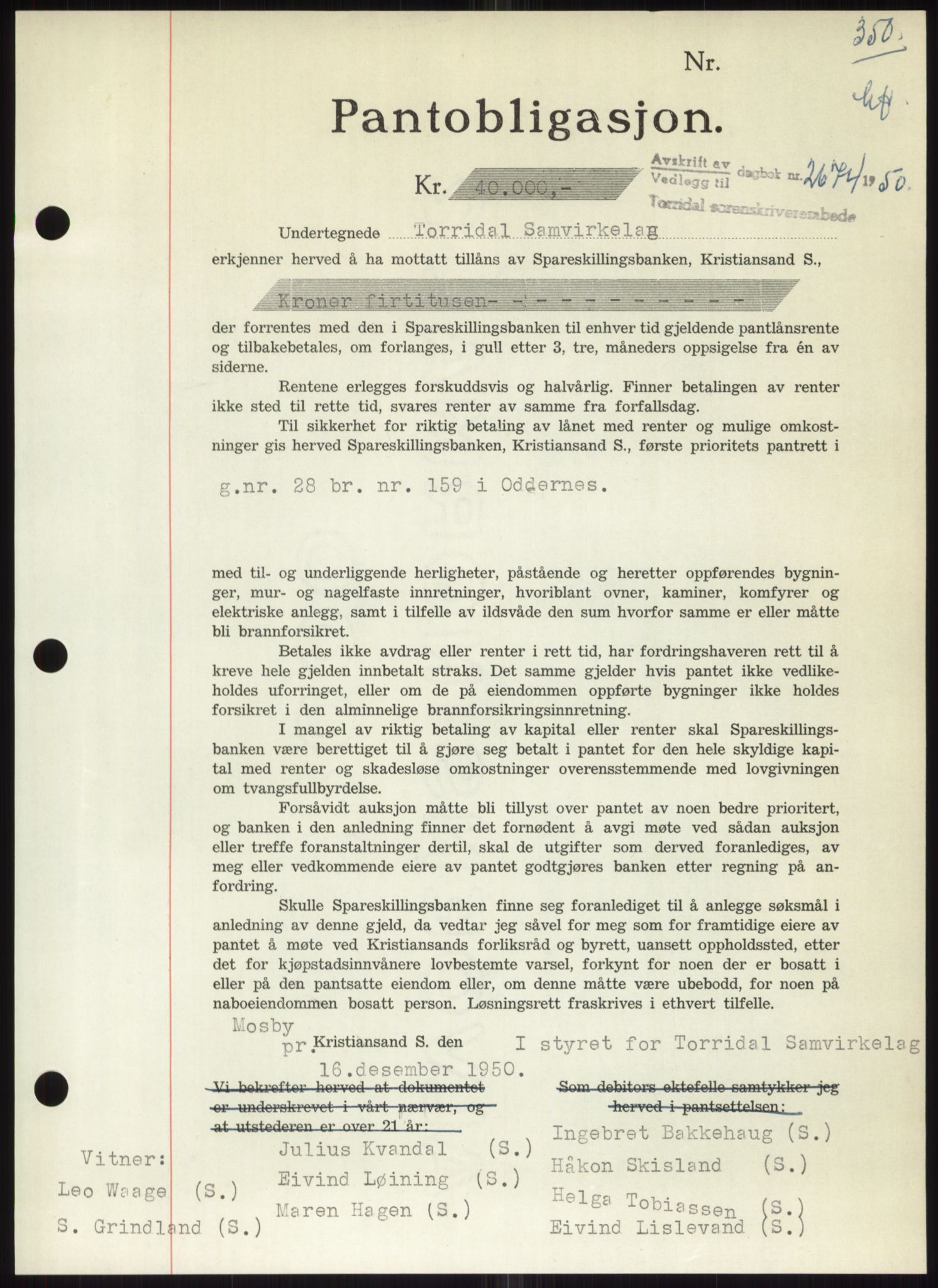 Torridal sorenskriveri, SAK/1221-0012/G/Gb/Gbb/L0020: Pantebok nr. 63B, 1950-1950, Dagboknr: 2674/1950