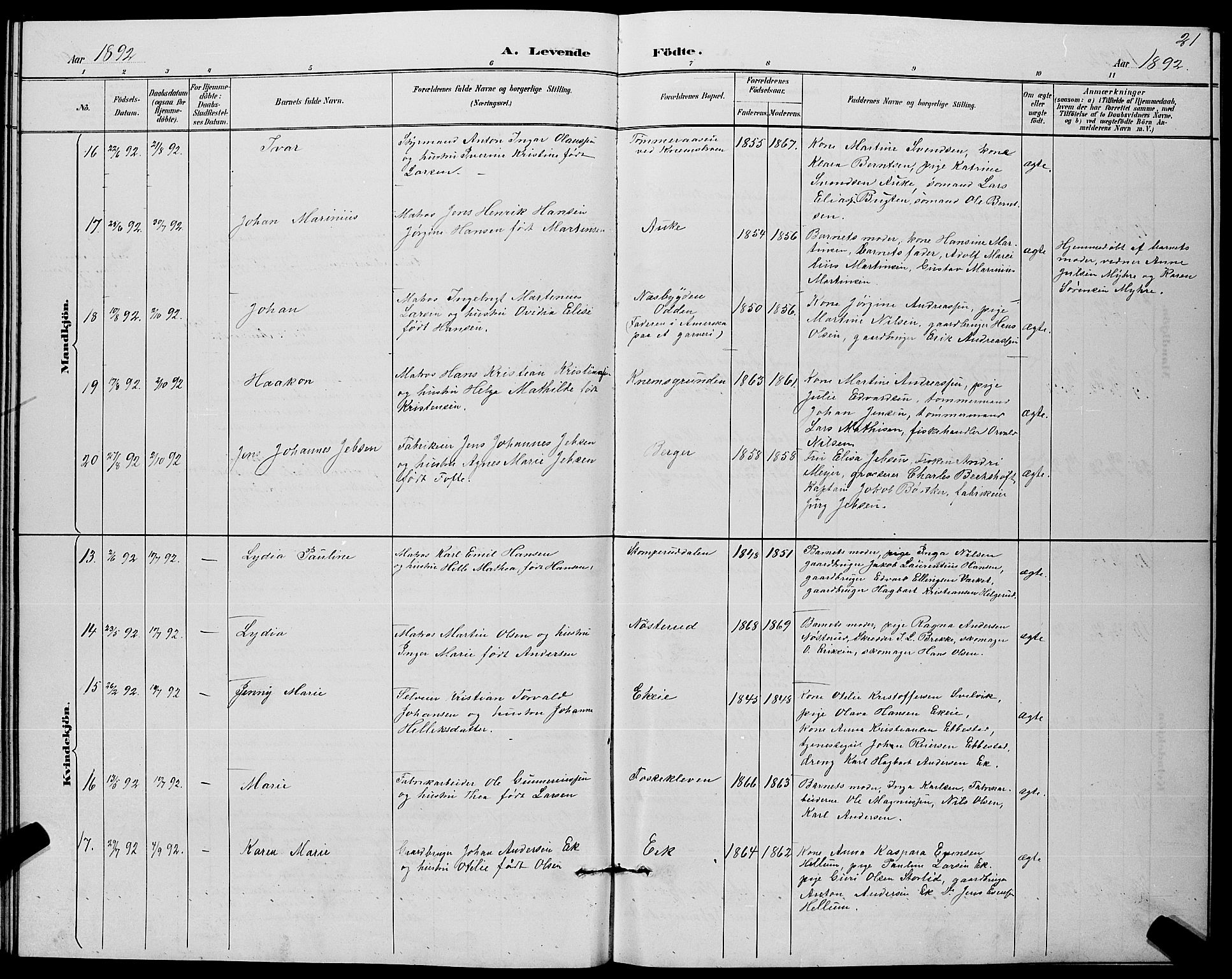 Strømm kirkebøker, AV/SAKO-A-322/G/Ga/L0003: Klokkerbok nr. I 3, 1889-1896, s. 21