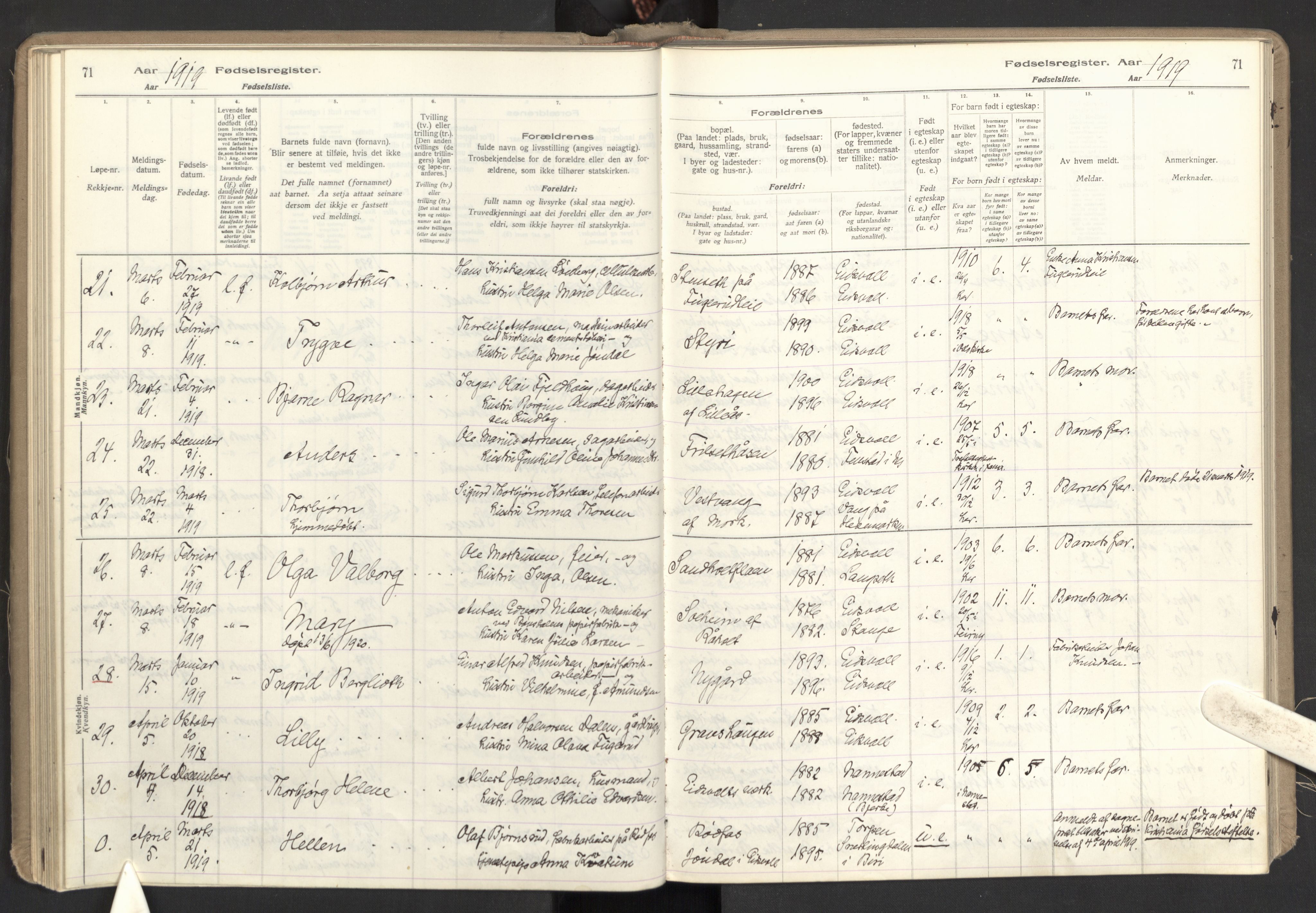 Eidsvoll prestekontor Kirkebøker, AV/SAO-A-10888/J/Ja/L0001: Fødselsregister nr. I 1, 1916-1924, s. 71