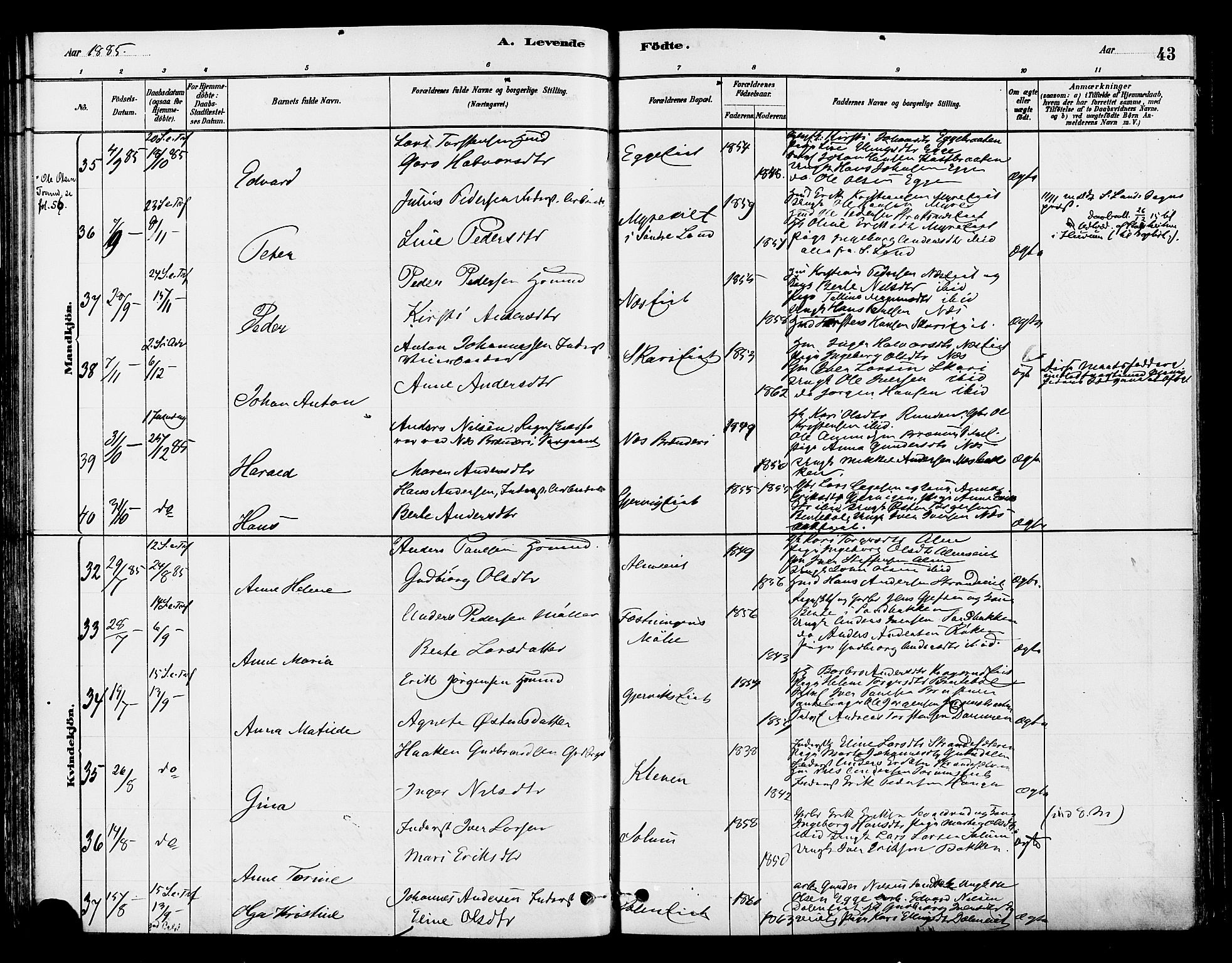 Gran prestekontor, AV/SAH-PREST-112/H/Ha/Haa/L0015: Ministerialbok nr. 15, 1880-1888, s. 43