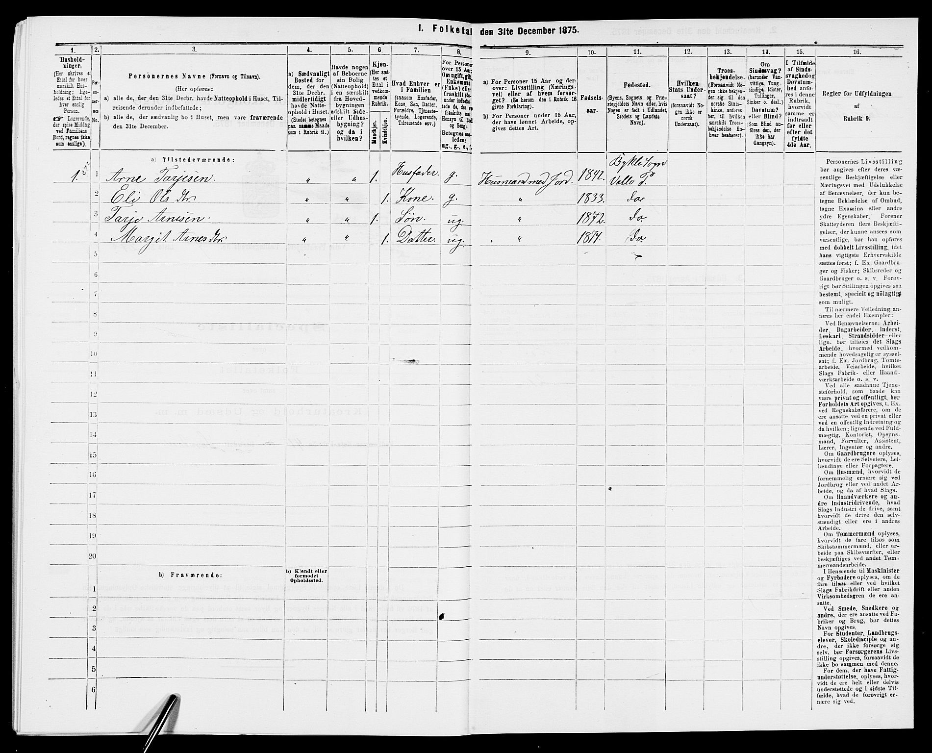 SAK, Folketelling 1875 for 0940P Valle prestegjeld, 1875, s. 764