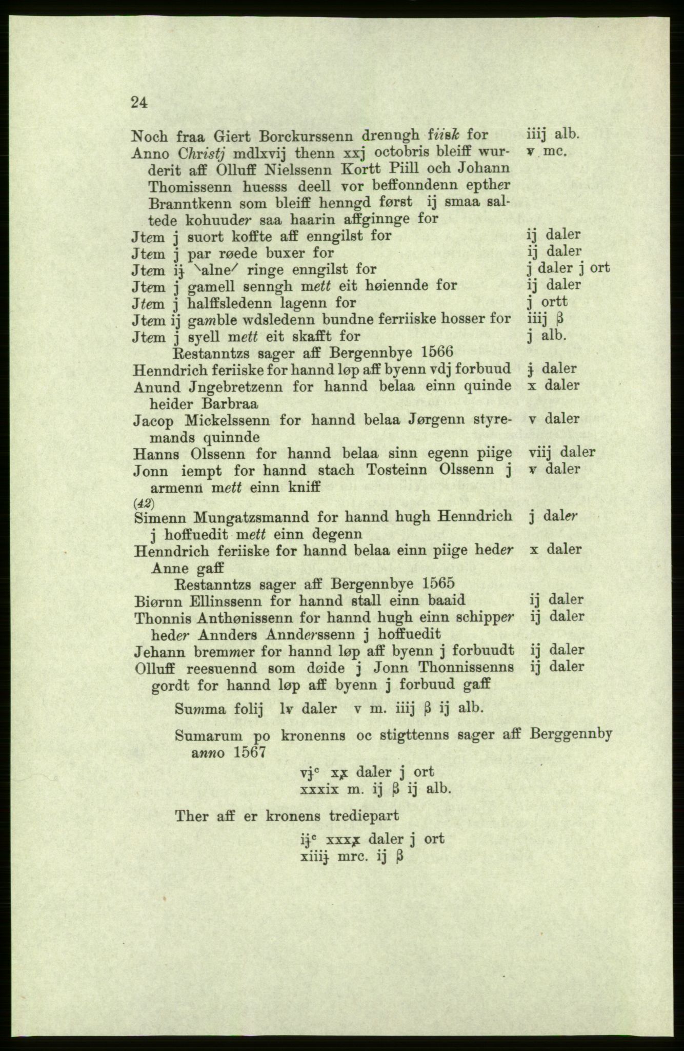 Publikasjoner utgitt av Arkivverket, PUBL/PUBL-001/C/0004: Bind 4: Rekneskap for Bergenhus len 1566-1567: A. Inntekt, 1566-1567, s. 24