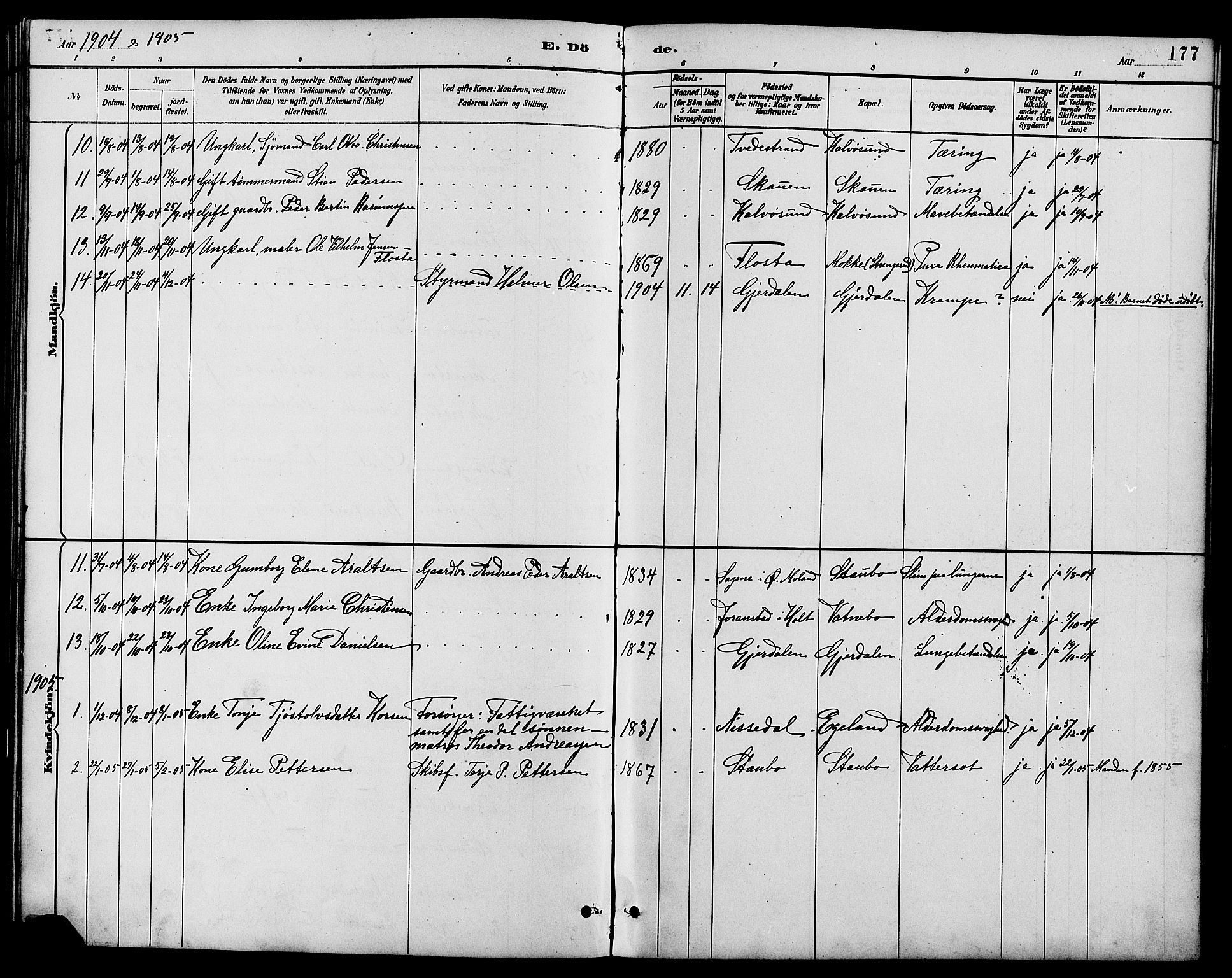 Dypvåg sokneprestkontor, AV/SAK-1111-0007/F/Fb/Fbb/L0004: Klokkerbok nr. B 4, 1887-1905, s. 177