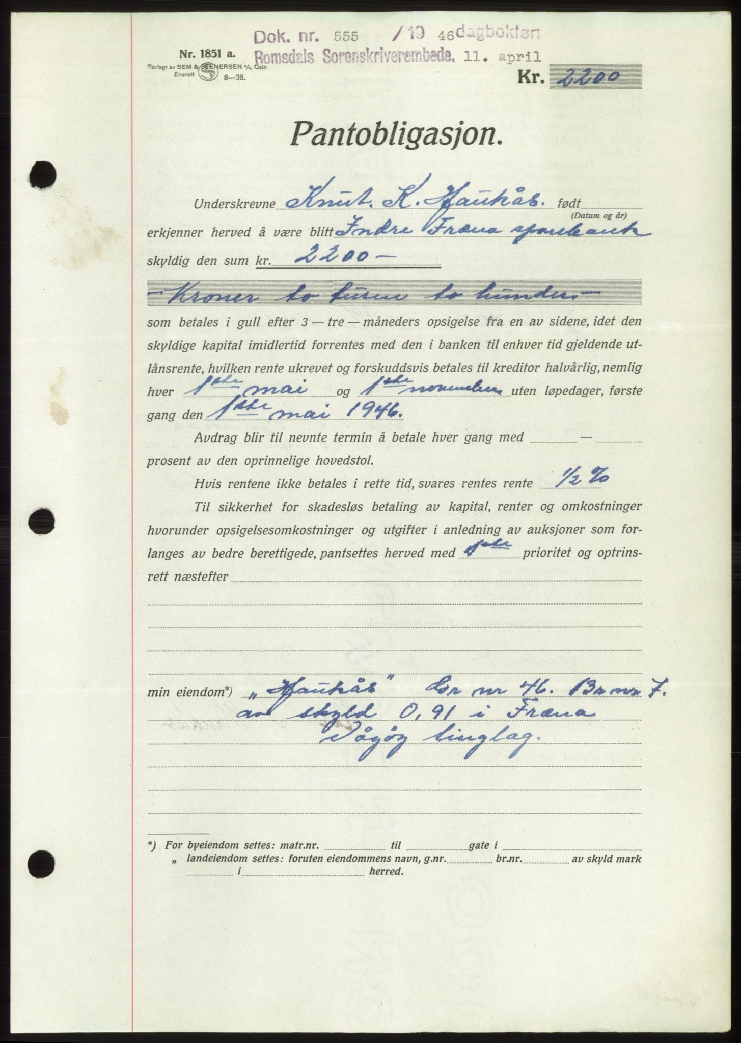 Romsdal sorenskriveri, SAT/A-4149/1/2/2C: Pantebok nr. B3, 1946-1948, Dagboknr: 555/1946