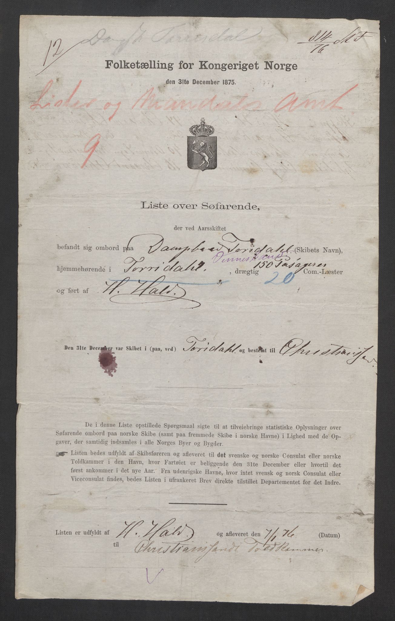 RA, Folketelling 1875, skipslister: Skip i innenrikske havner, hjemmehørende i 1) landdistrikter, 2) forskjellige steder, 3) utlandet, 1875, s. 40