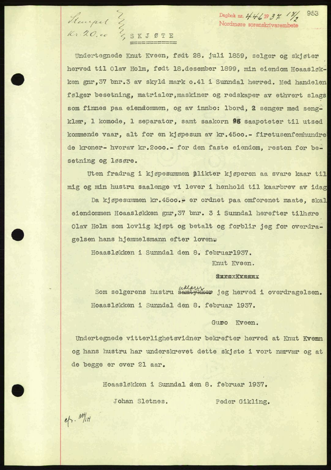 Nordmøre sorenskriveri, SAT/A-4132/1/2/2Ca: Pantebok nr. A80, 1936-1937, Dagboknr: 446/1937