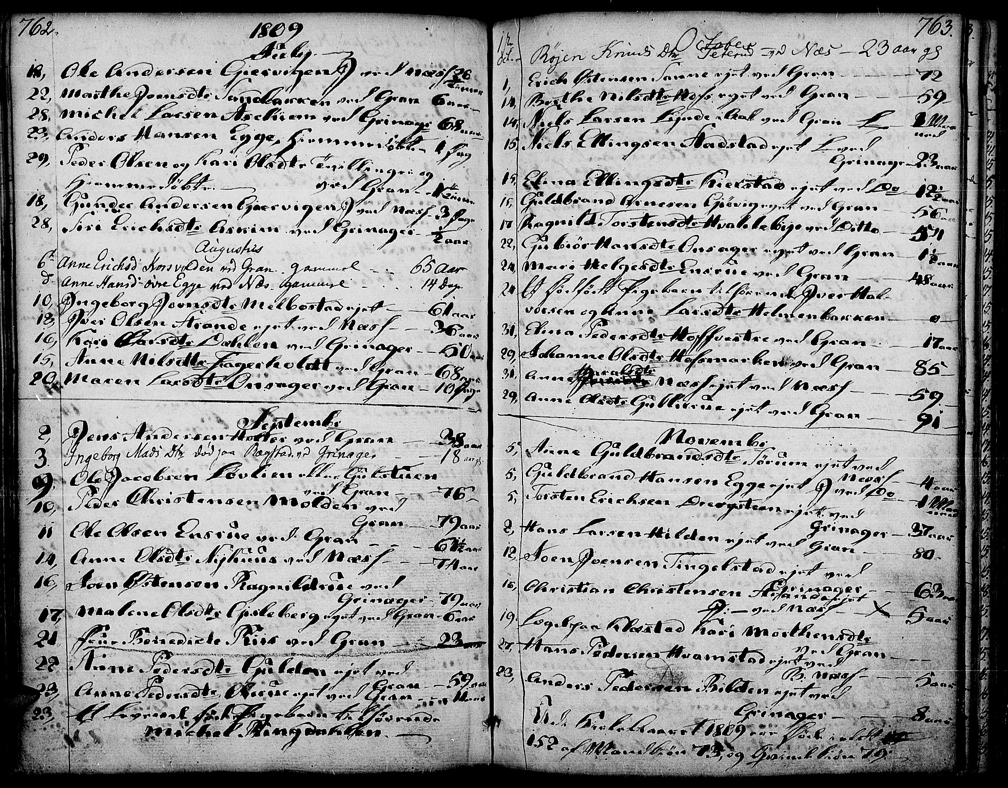 Gran prestekontor, AV/SAH-PREST-112/H/Ha/Haa/L0006: Ministerialbok nr. 6, 1787-1824, s. 762-763