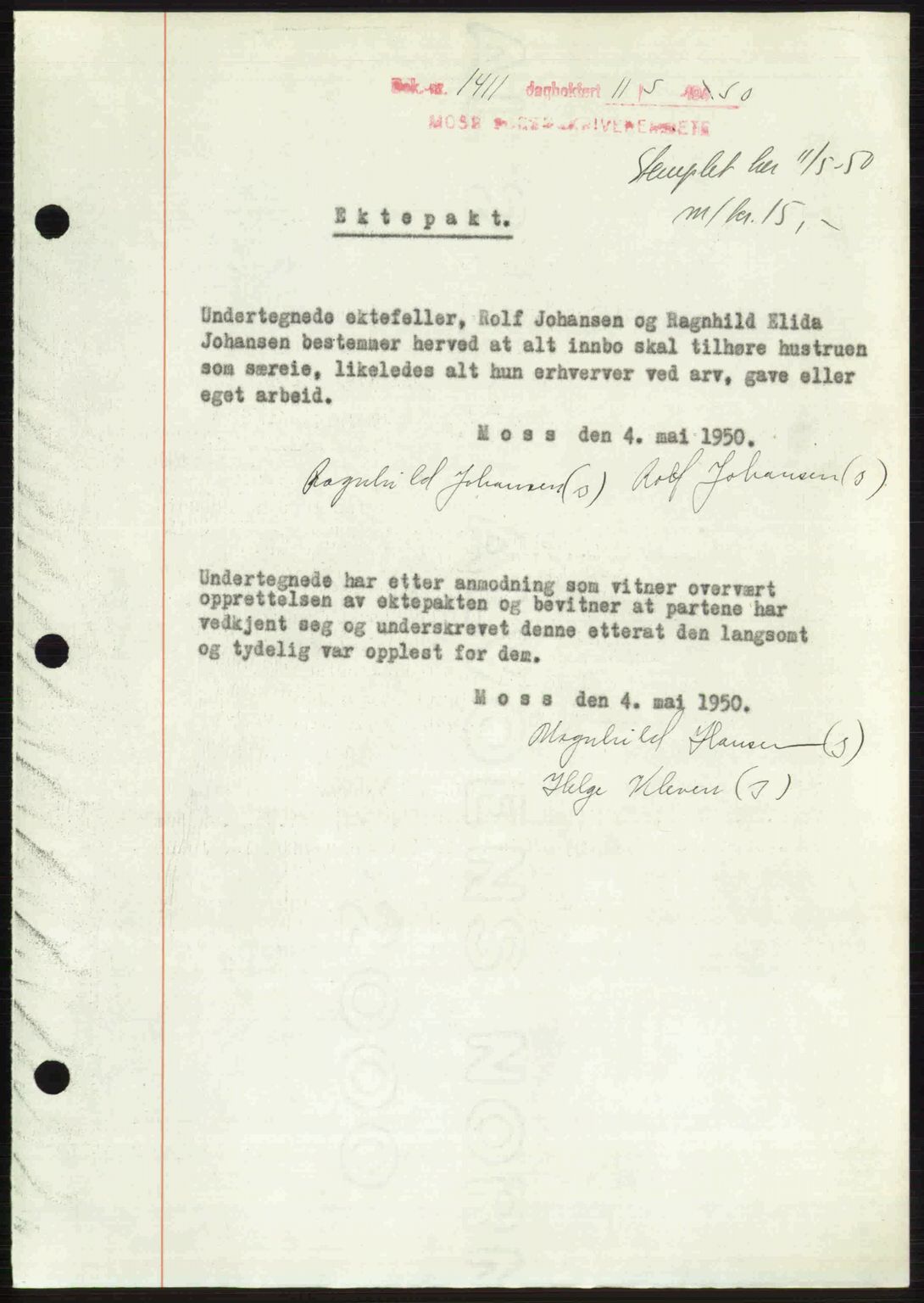 Moss sorenskriveri, SAO/A-10168: Pantebok nr. A26, 1950-1950, Dagboknr: 1411/1950