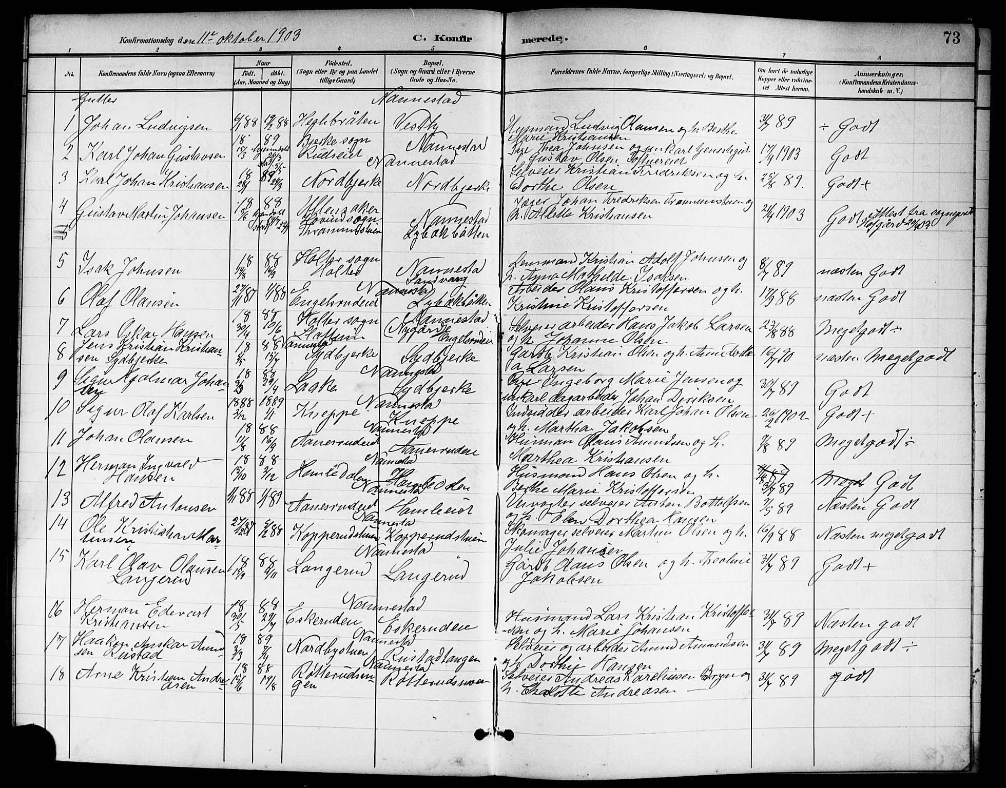 Nannestad prestekontor Kirkebøker, AV/SAO-A-10414a/G/Ga/L0002: Klokkerbok nr. I 2, 1901-1913, s. 73