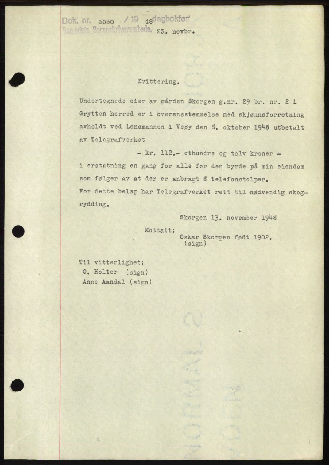Romsdal sorenskriveri, SAT/A-4149/1/2/2C: Pantebok nr. A27, 1948-1948, Dagboknr: 3030/1948