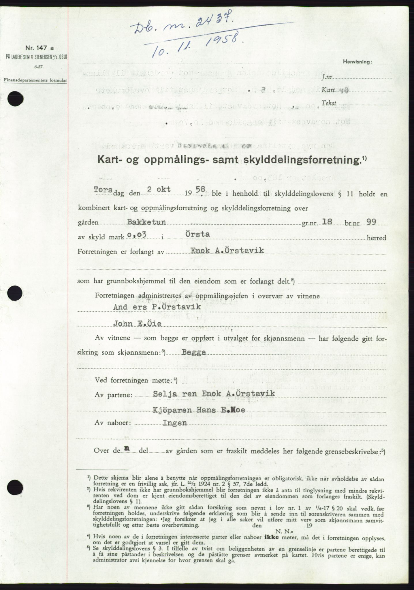 Søre Sunnmøre sorenskriveri, SAT/A-4122/1/2/2C/L0111: Pantebok nr. 37A, 1958-1959, Dagboknr: 2437/1958