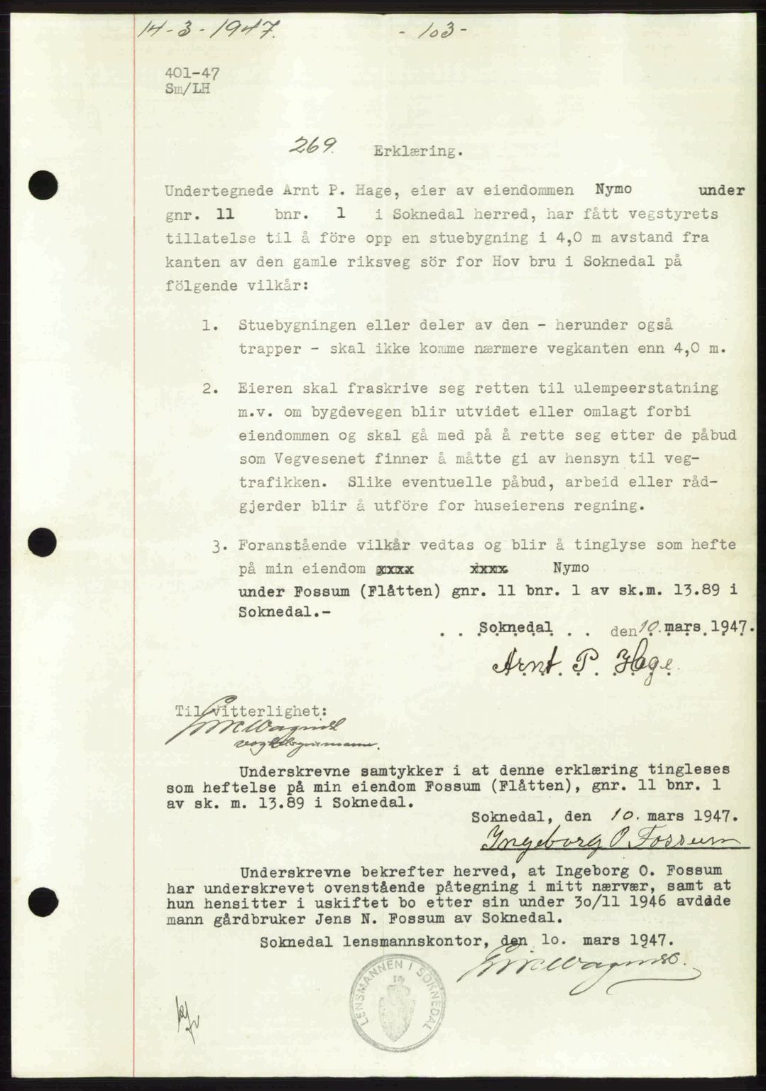 Gauldal sorenskriveri, SAT/A-0014/1/2/2C: Pantebok nr. A3, 1947-1947, Dagboknr: 269/1947