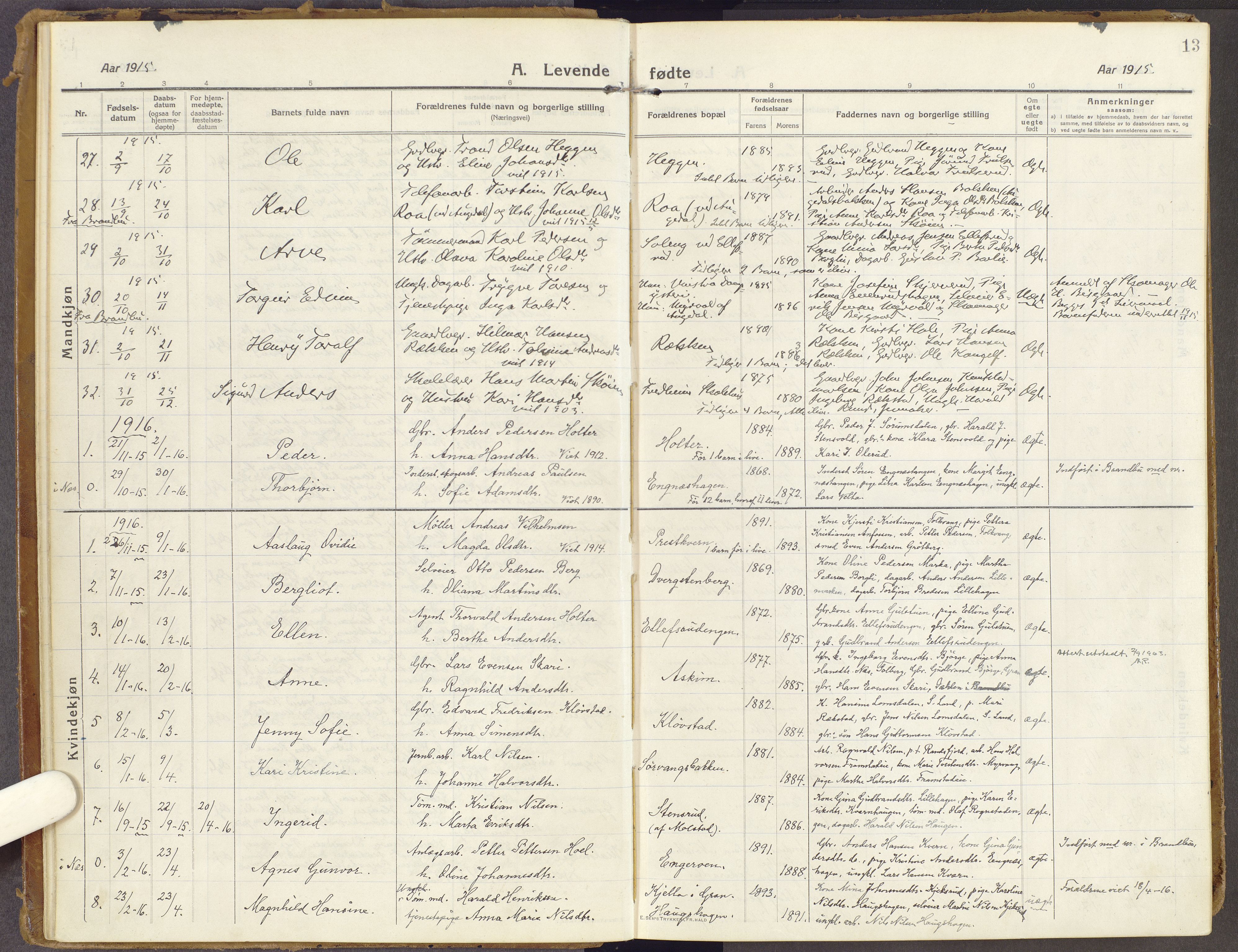 Brandbu prestekontor, AV/SAH-PREST-114/H/Ha/Haa/L0003: Ministerialbok nr. 3, 1914-1928, s. 13