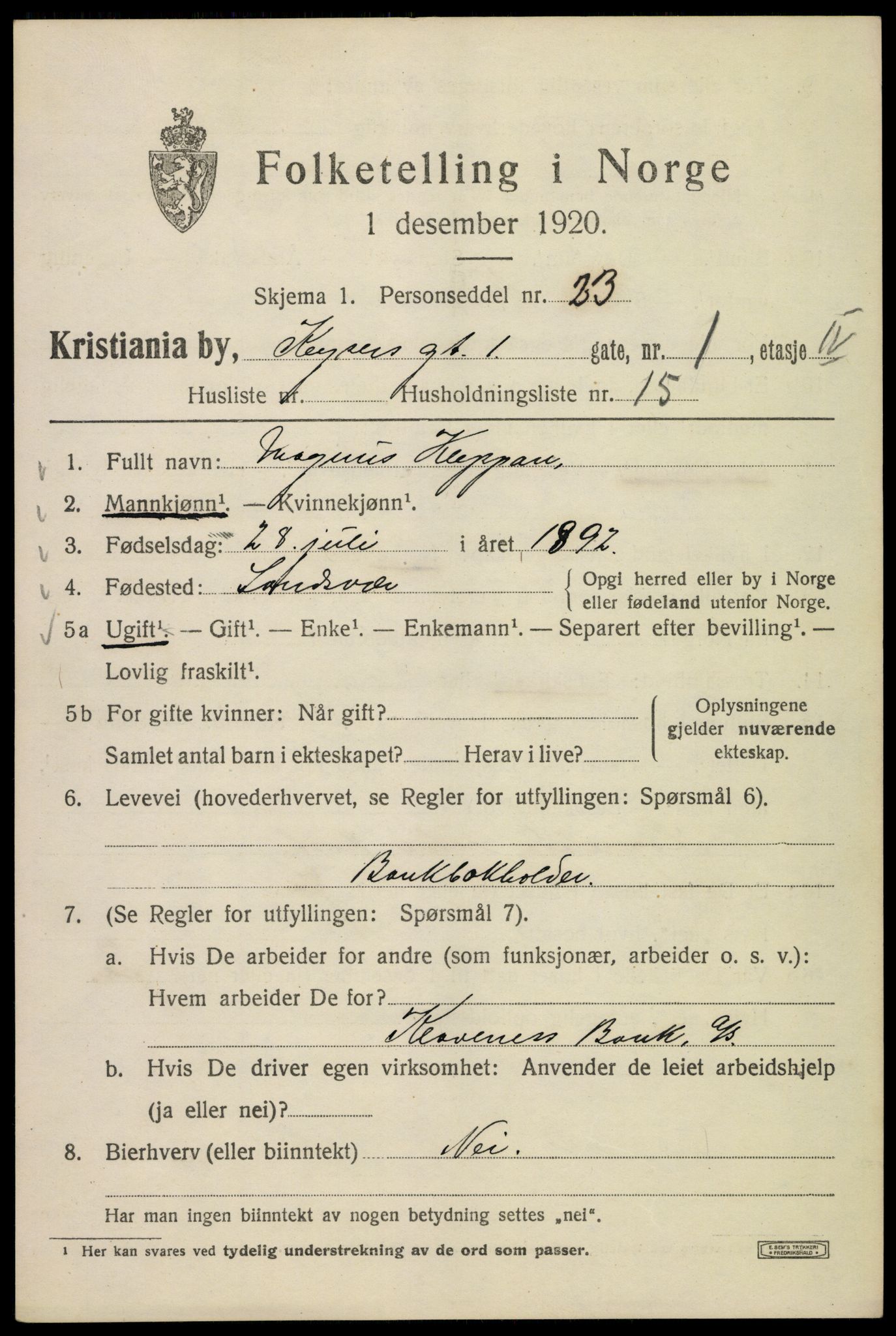 SAO, Folketelling 1920 for 0301 Kristiania kjøpstad, 1920, s. 331499