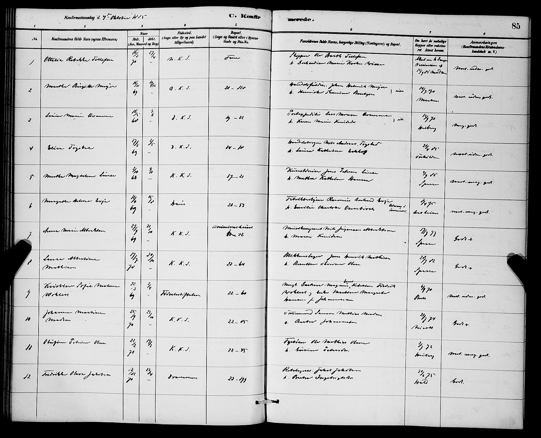 Korskirken sokneprestembete, AV/SAB-A-76101/H/Hab: Klokkerbok nr. C 3, 1880-1892, s. 85