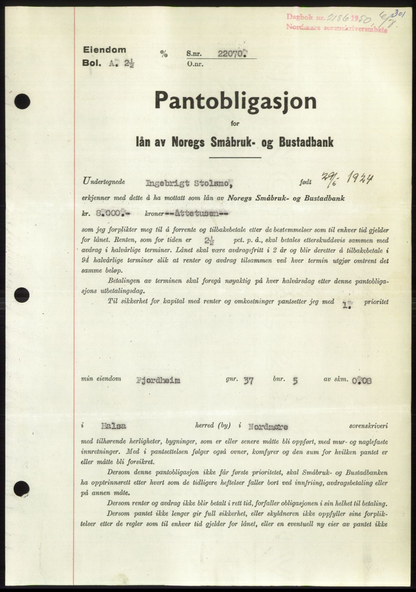 Nordmøre sorenskriveri, AV/SAT-A-4132/1/2/2Ca: Pantebok nr. B105, 1950-1950, Dagboknr: 2186/1950